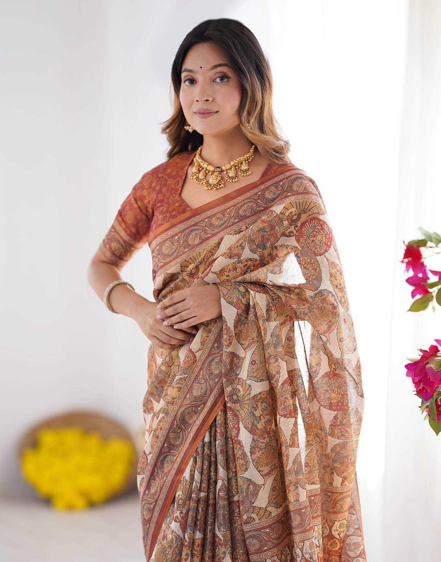Beige Linen Printed Saree