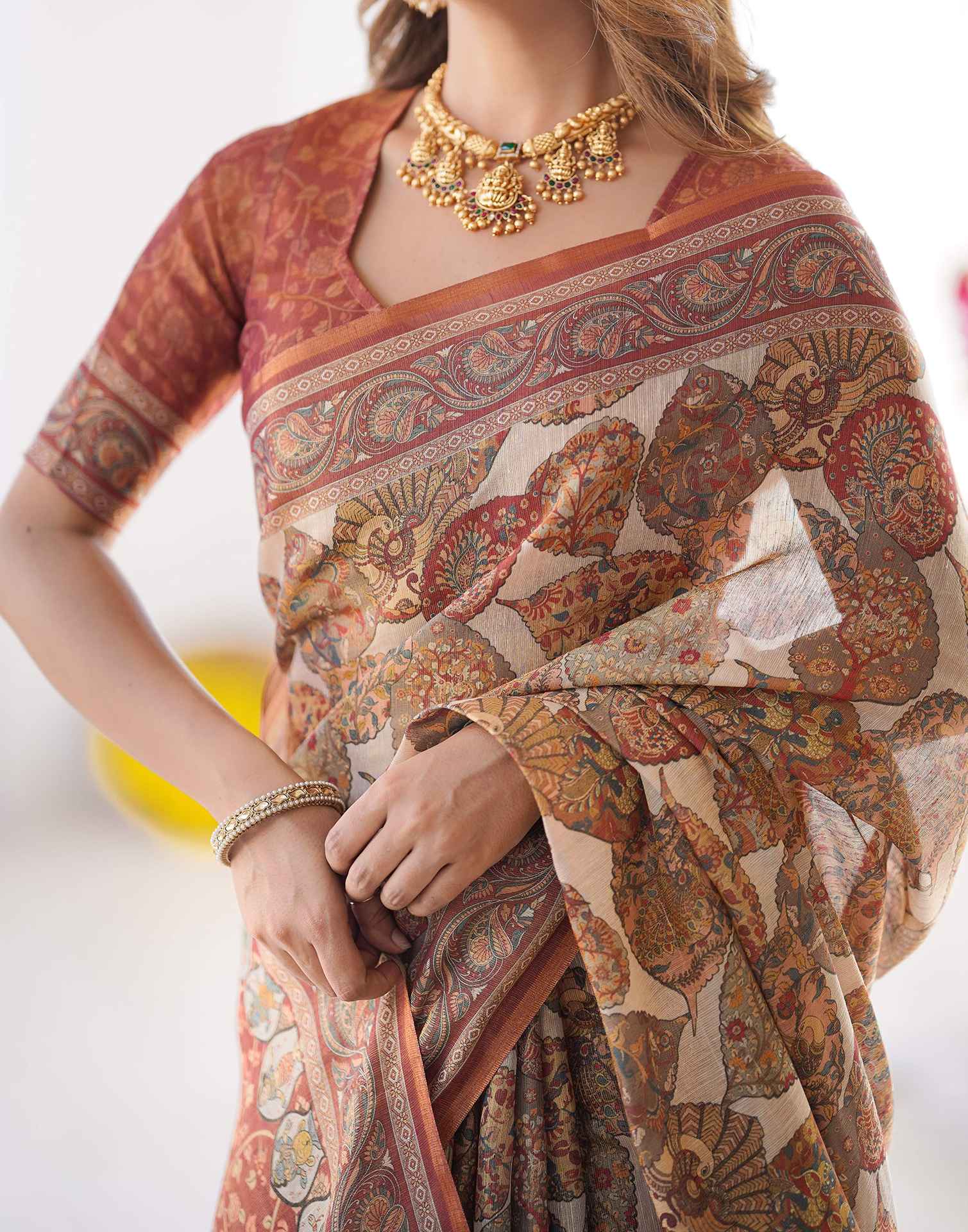 Beige Linen Printed Saree