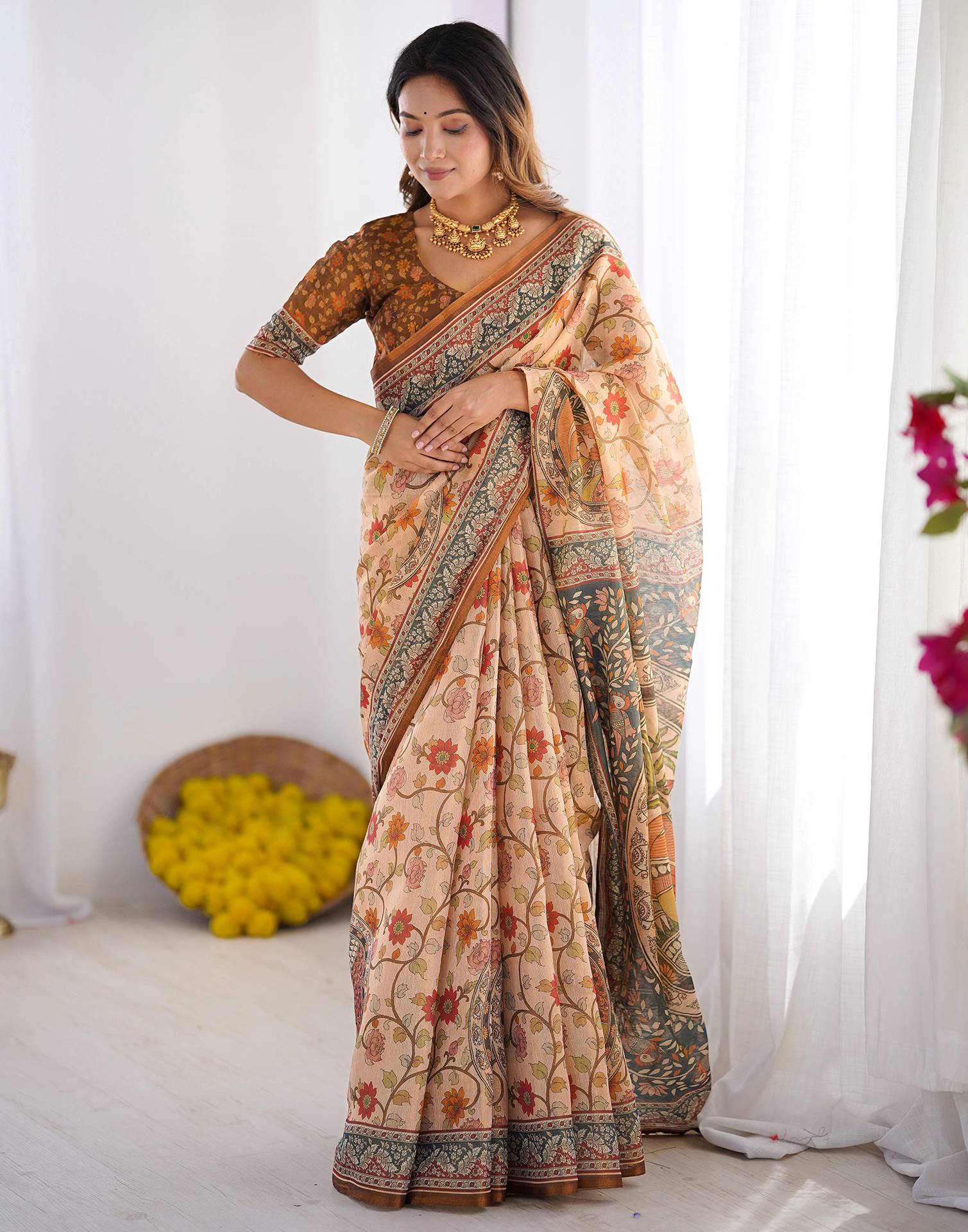 Cream Linen Kalamkari Saree