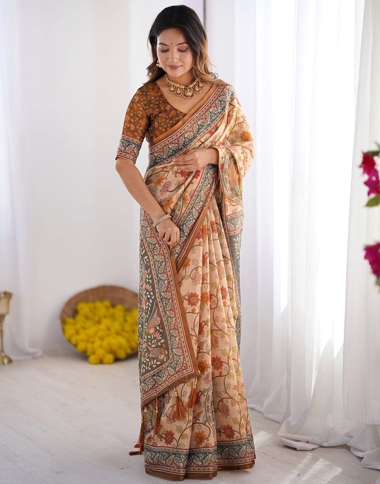 Cream Linen Kalamkari Saree
