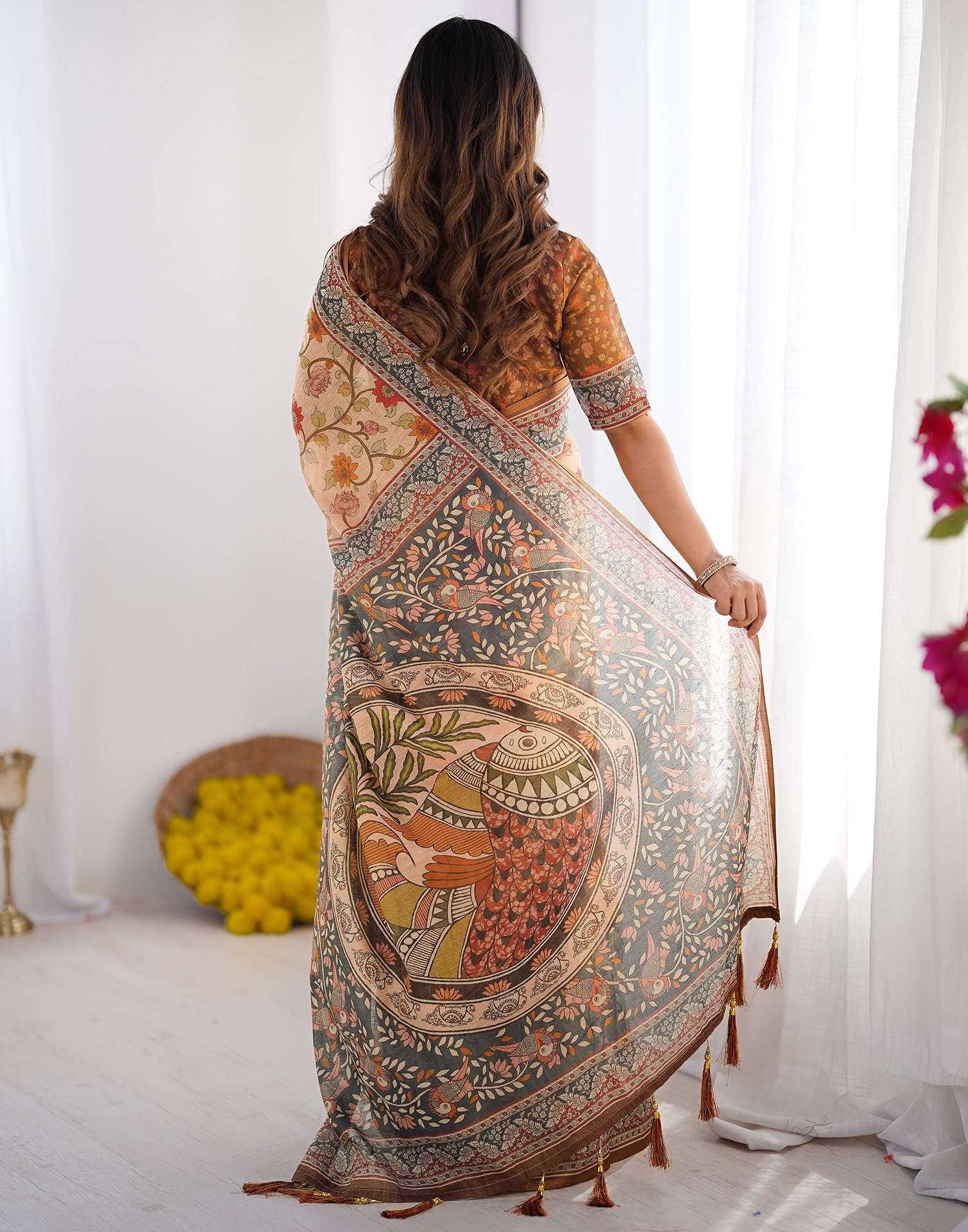 Cream Linen Kalamkari Saree