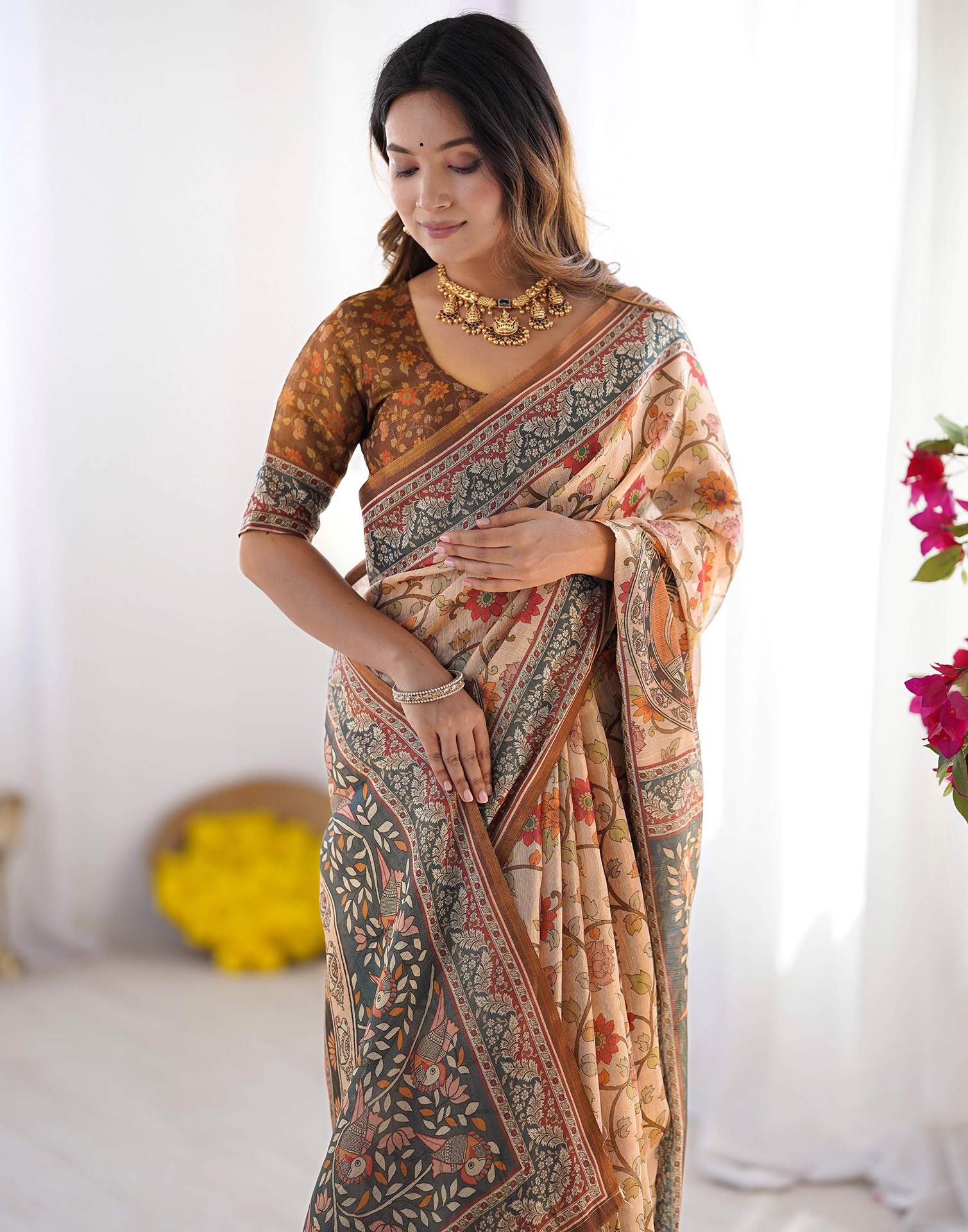 Cream Linen Kalamkari Saree