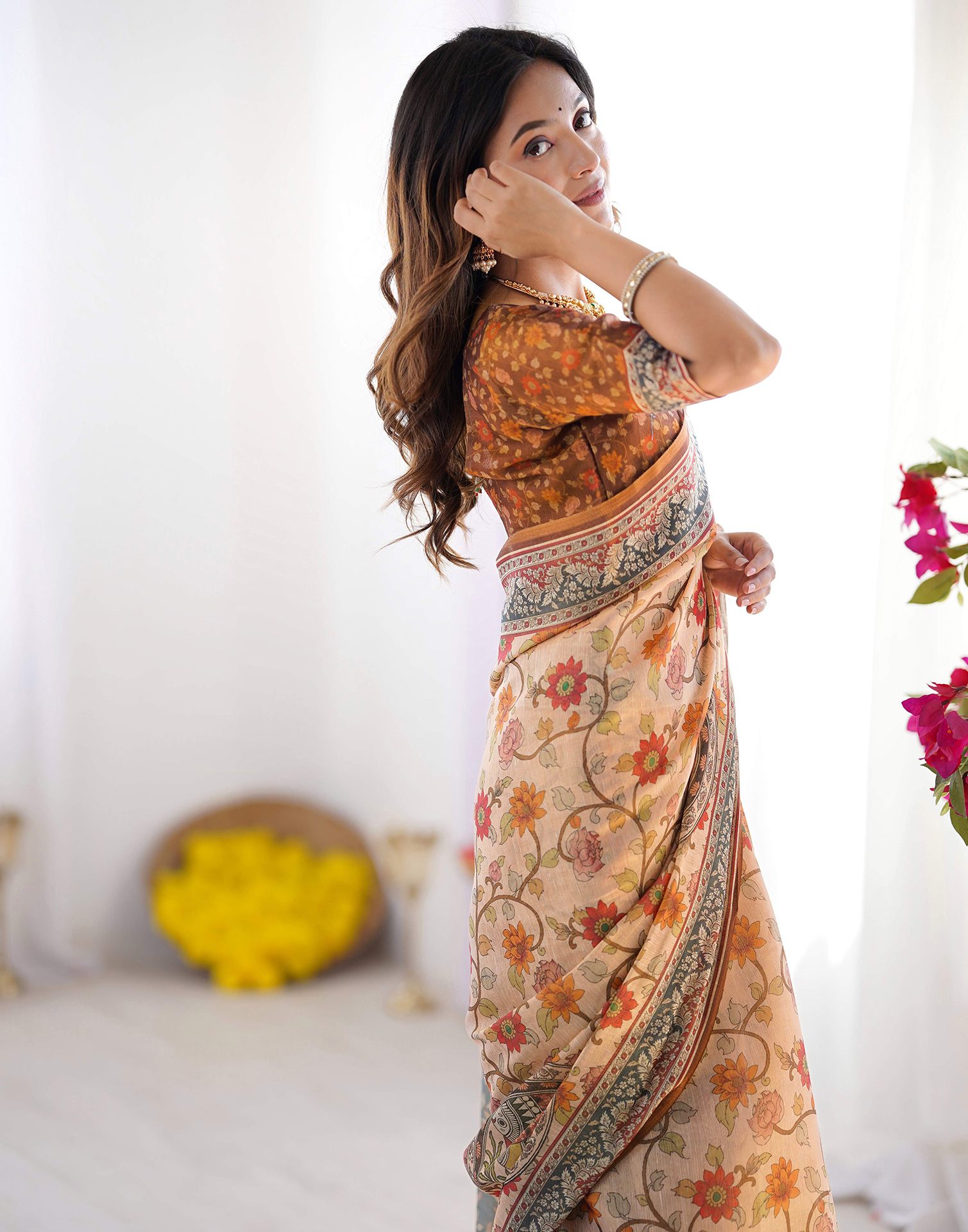 Cream Linen Kalamkari Saree