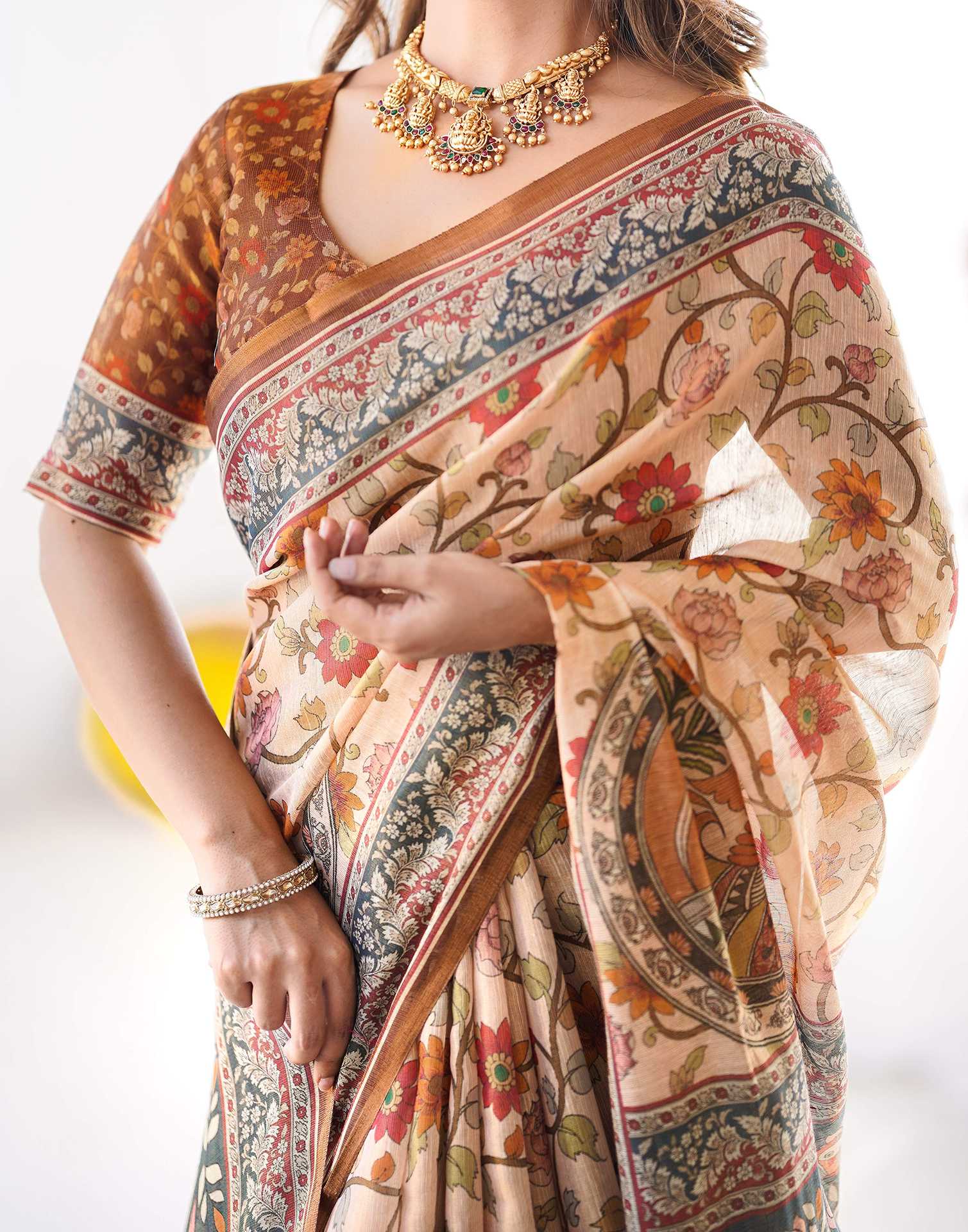 Cream Linen Kalamkari Saree