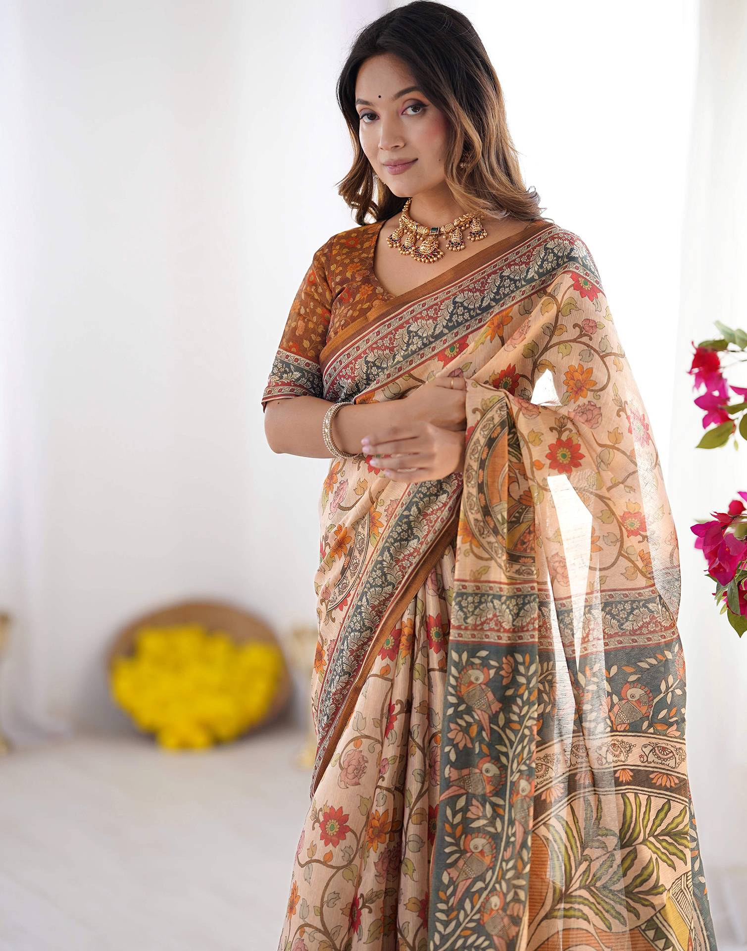 Cream Linen Kalamkari Saree