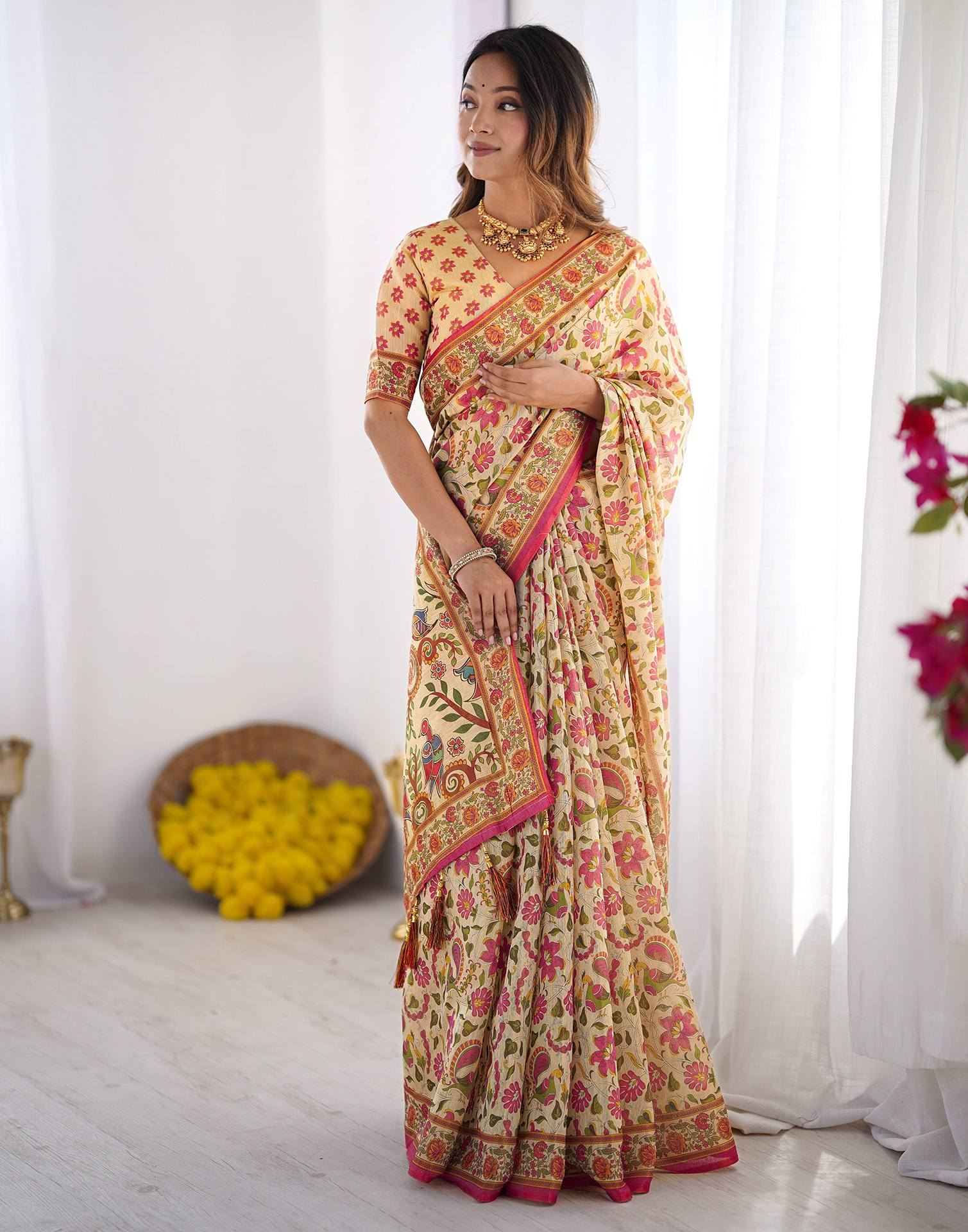 Beige Linen Floral Printed Saree