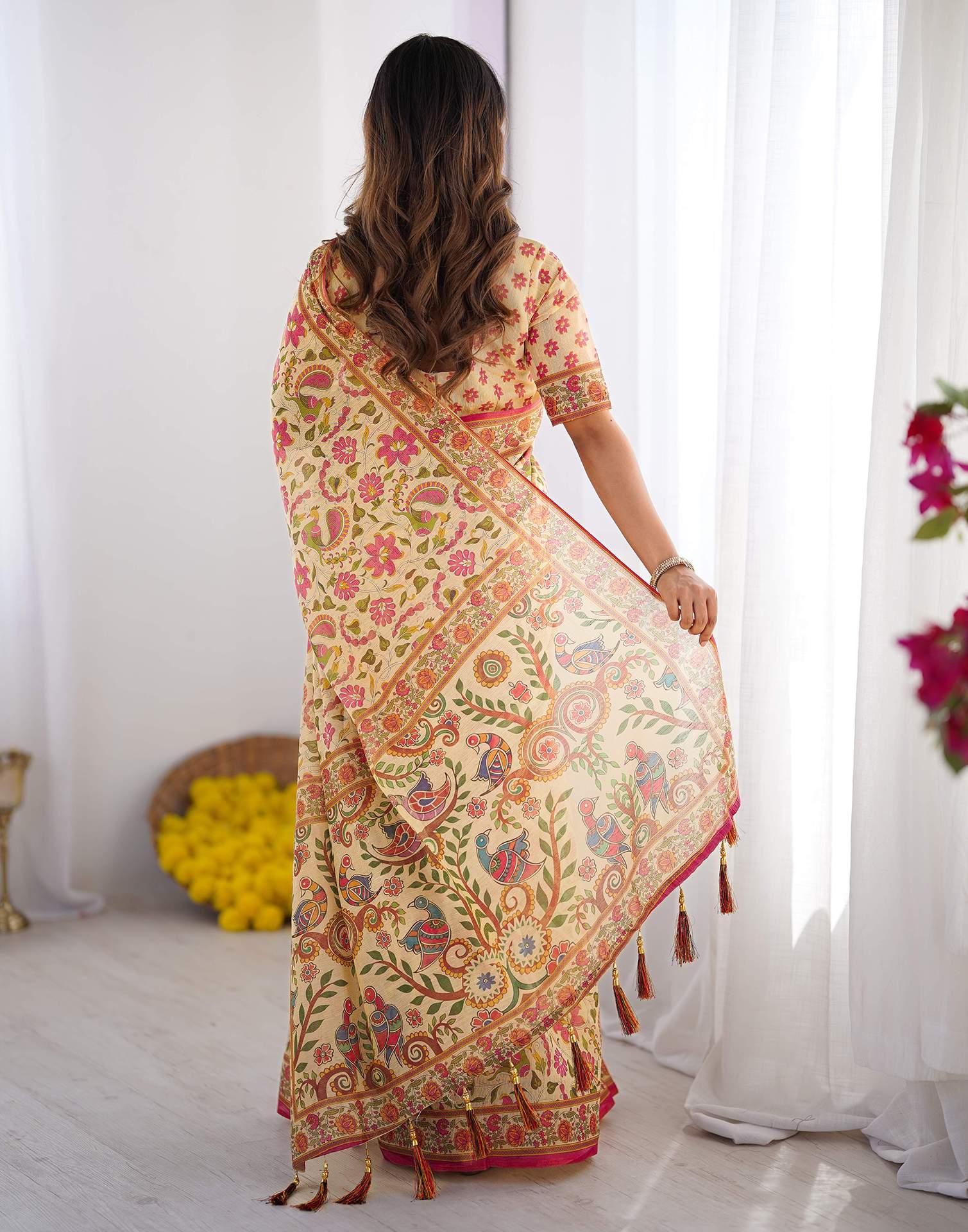 Beige Linen Floral Printed Saree