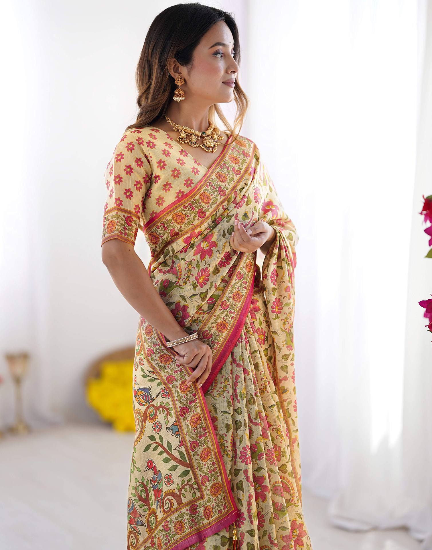 Beige Linen Floral Printed Saree
