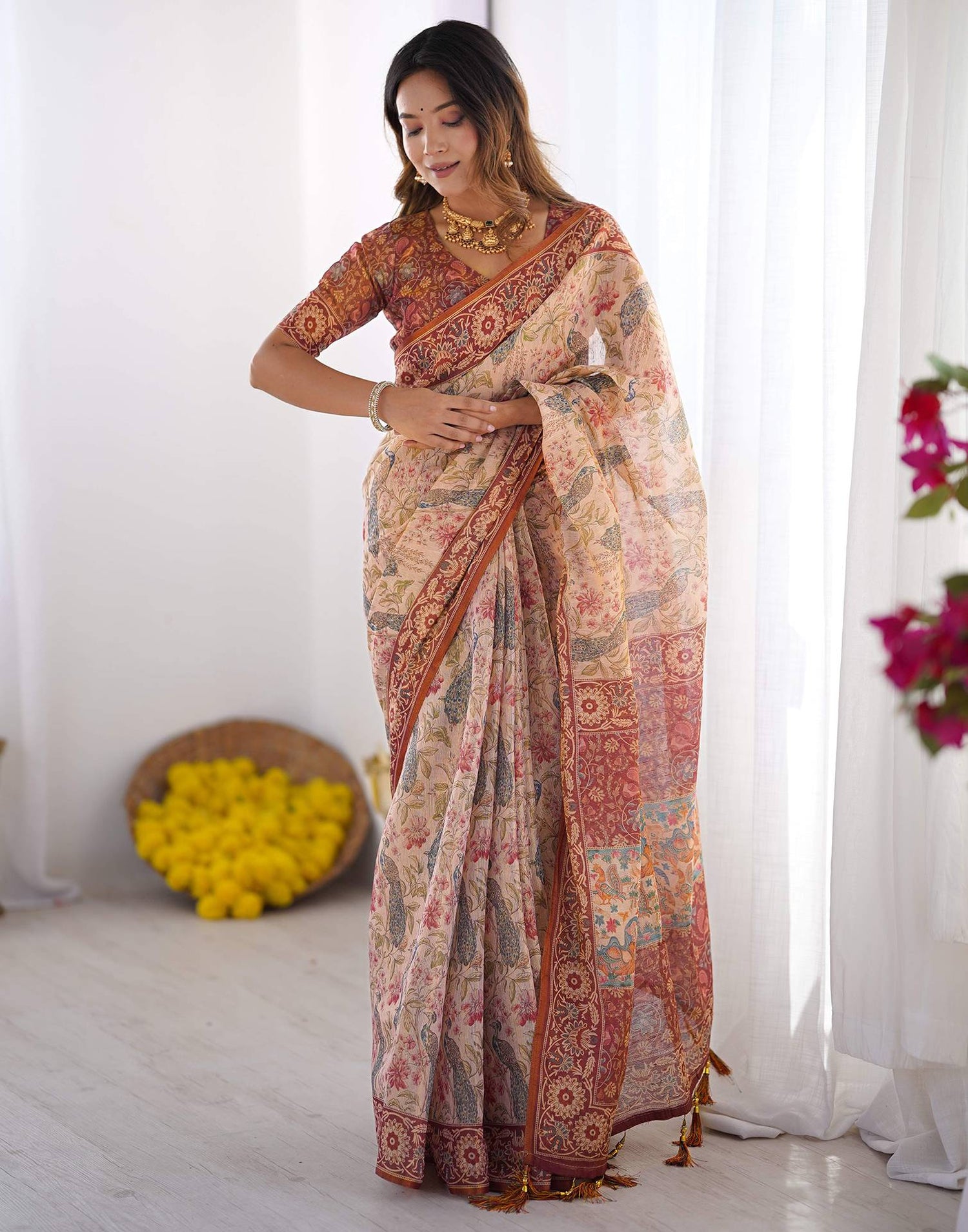 Cream Linen Printed Saree
