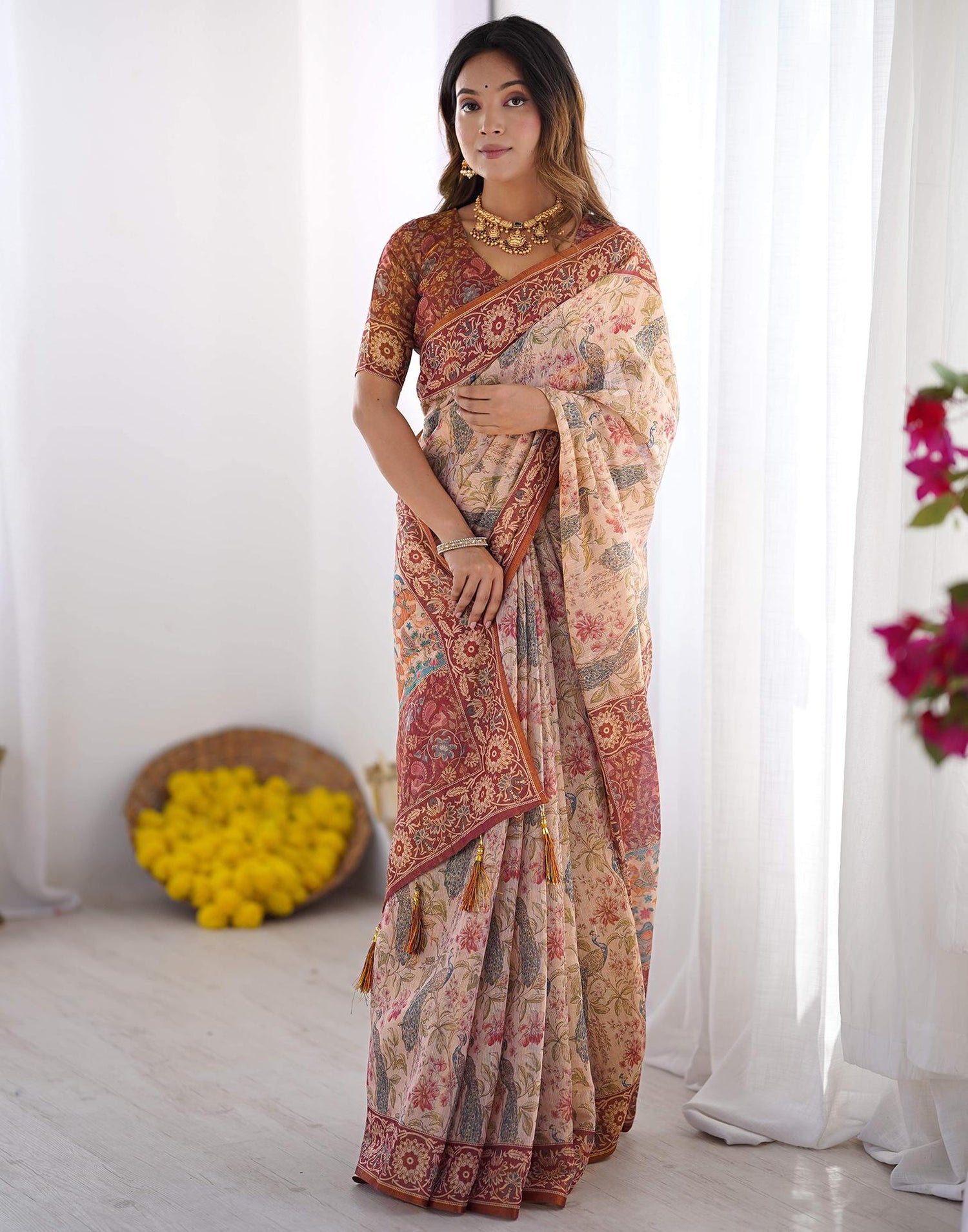 Cream Linen Printed Saree