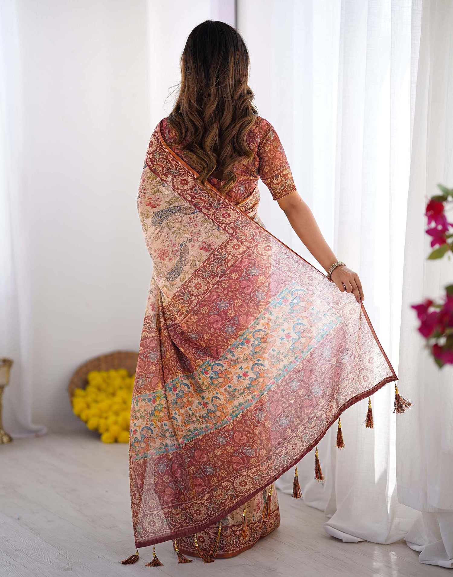 Cream Linen Printed Saree