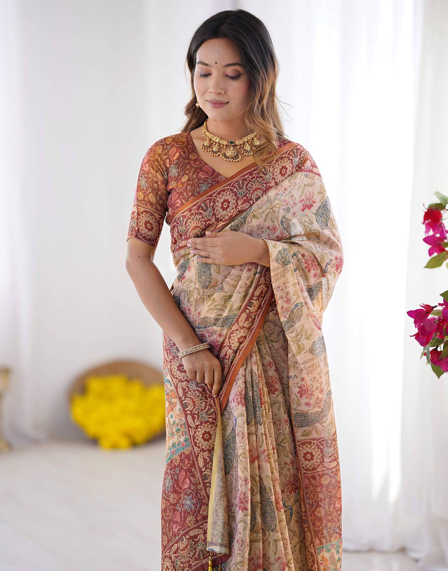 Cream Linen Printed Saree