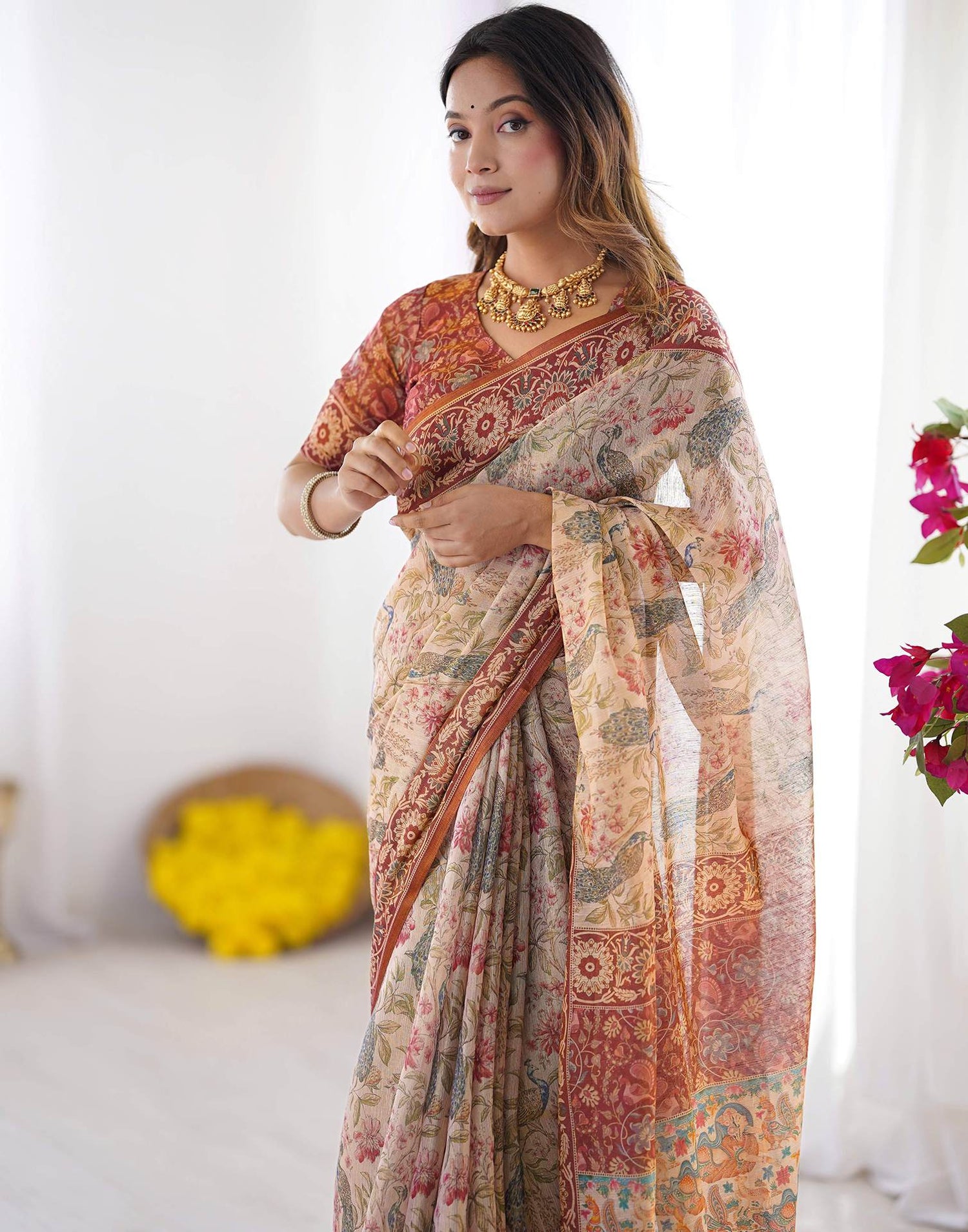 Cream Linen Printed Saree
