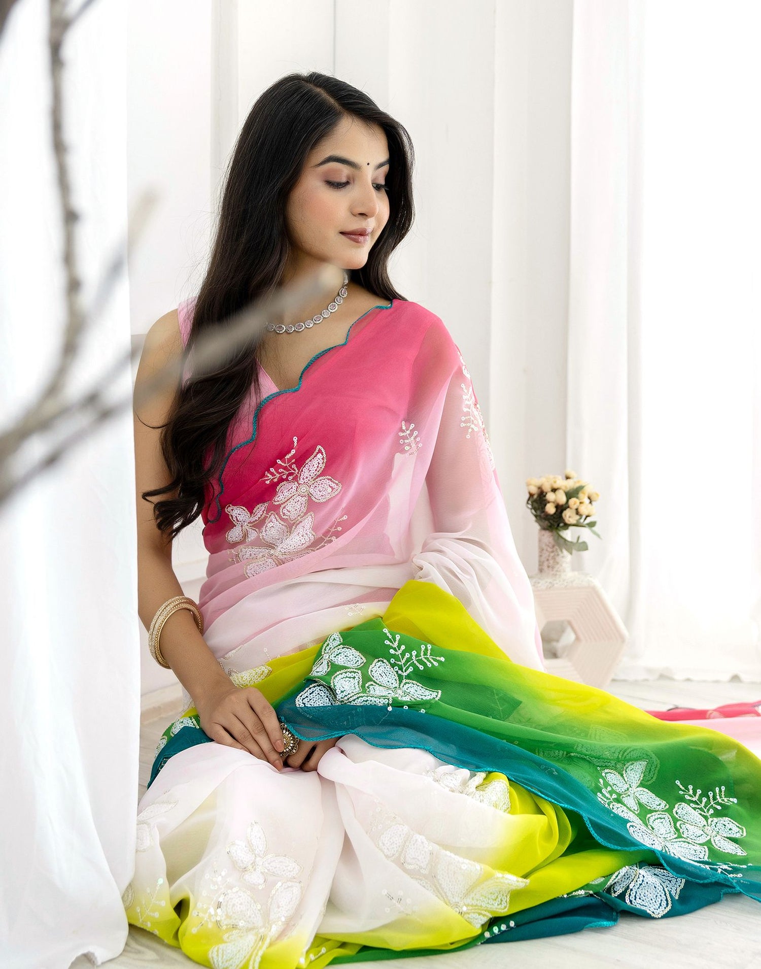 Pink Georgette Sequence Embroidery Saree