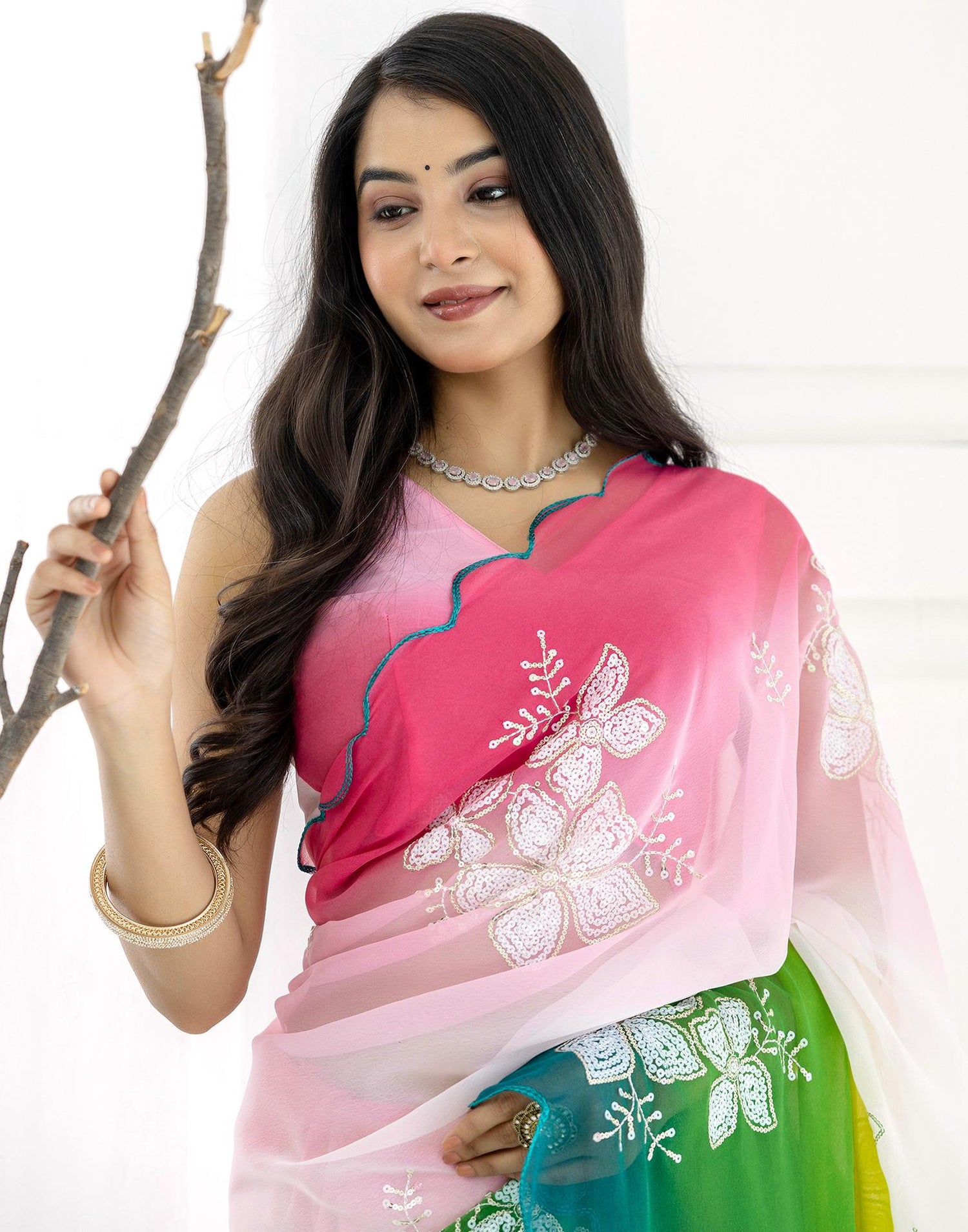 Pink Georgette Sequence Embroidery Saree