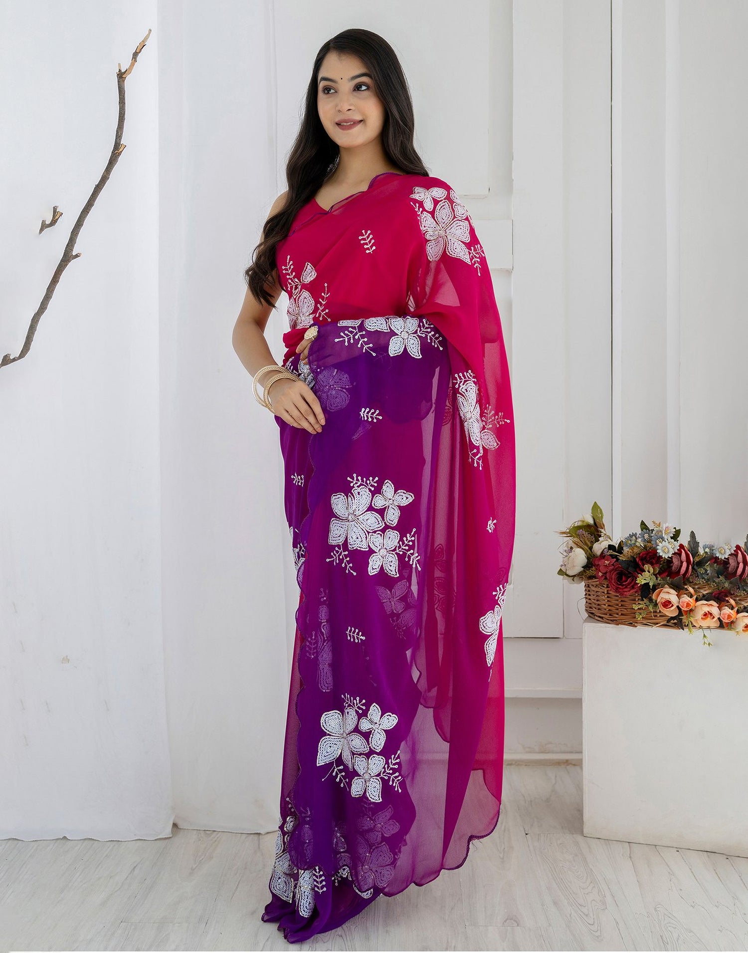 Rani Pink Georgette Sequence Embroidery Saree