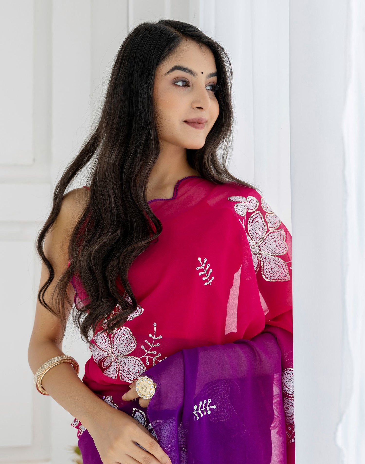 Rani Pink Georgette Sequence Embroidery Saree