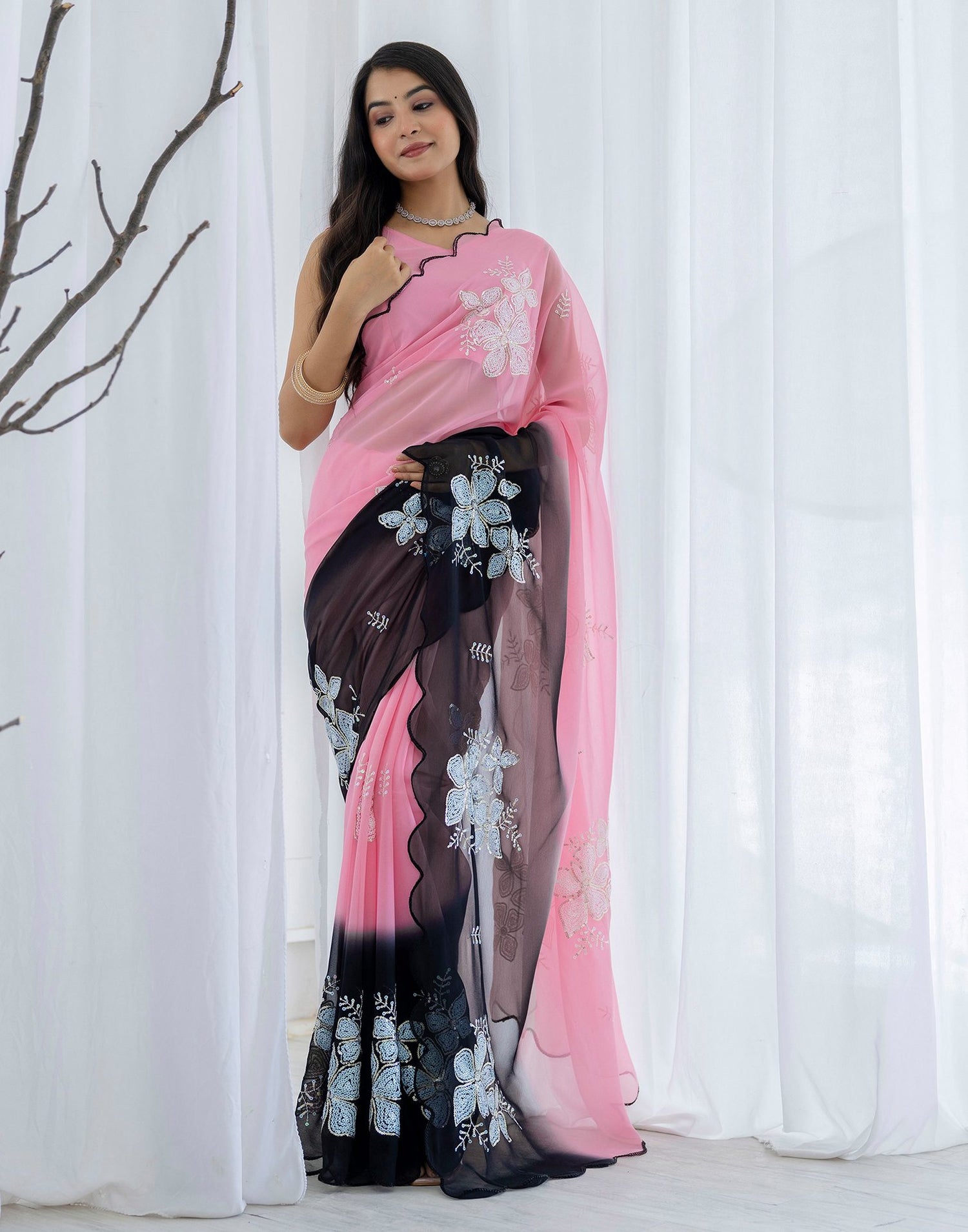 Pink Georgette Sequence Embroidery Saree