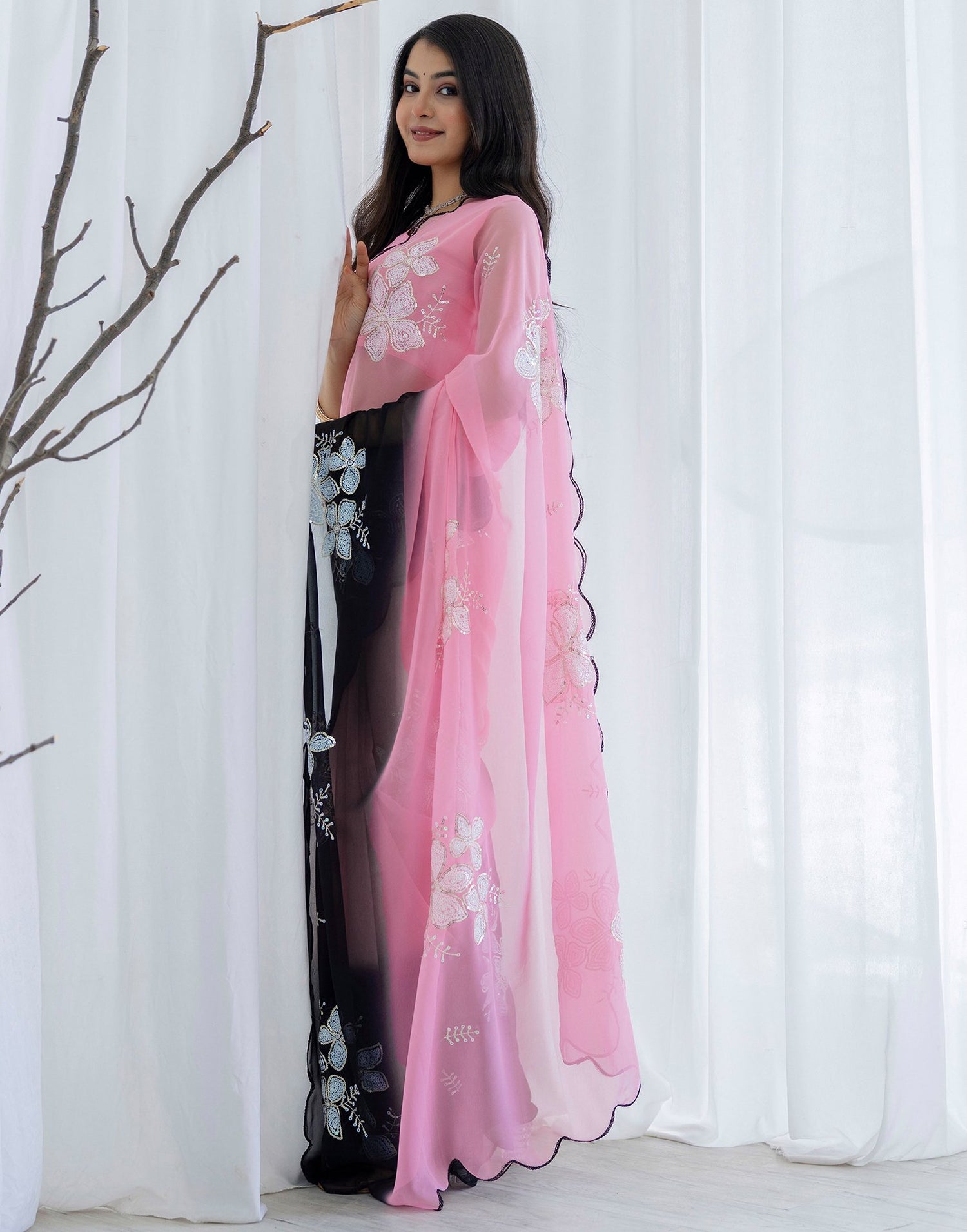 Pink Georgette Sequence Embroidery Saree