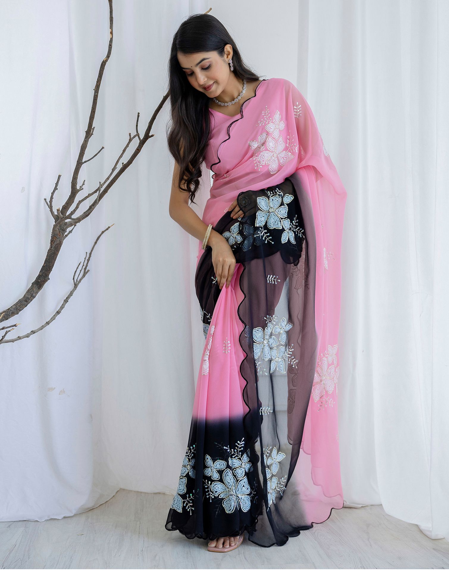 Pink Georgette Sequence Embroidery Saree