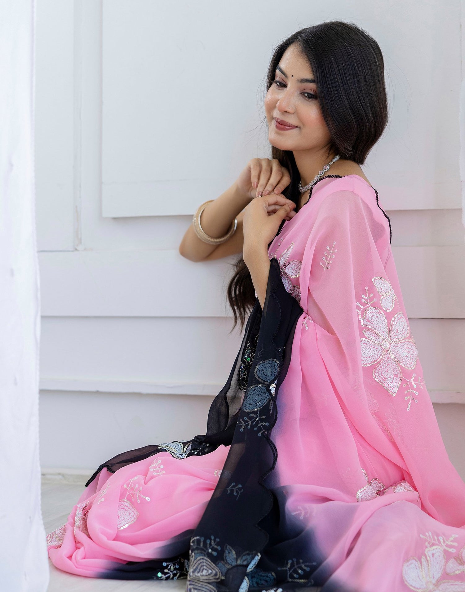 Pink Georgette Sequence Embroidery Saree
