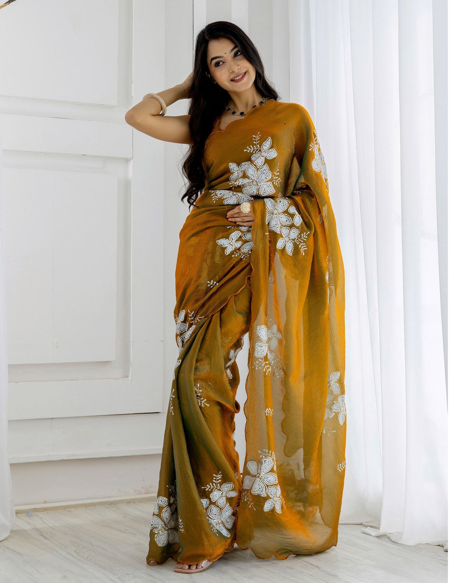 Golden Shimmer Sequence Embroidery Saree