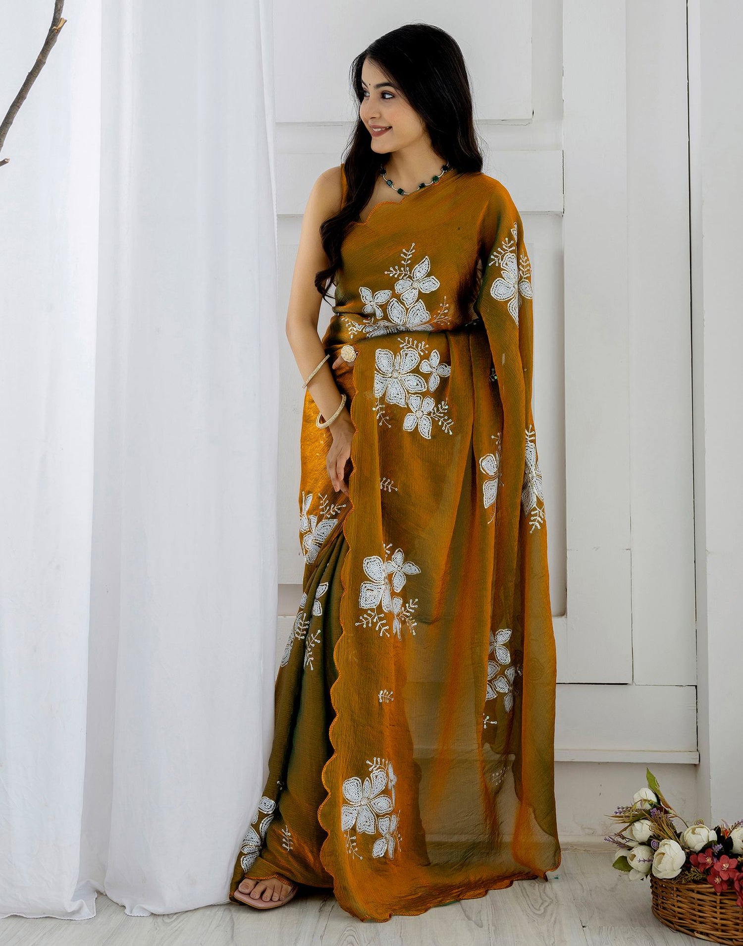 Golden Shimmer Sequence Embroidery Saree