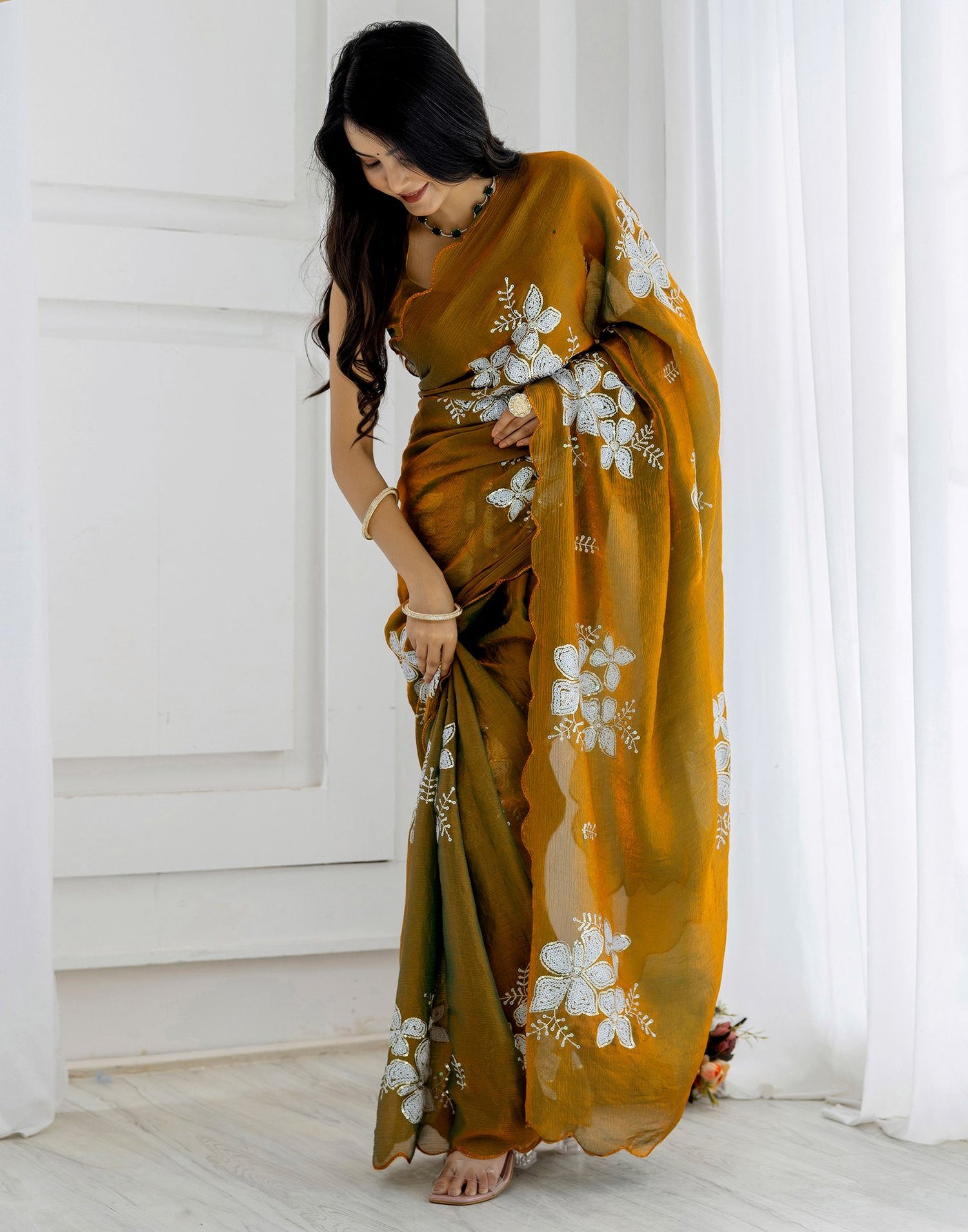 Golden Shimmer Sequence Embroidery Saree