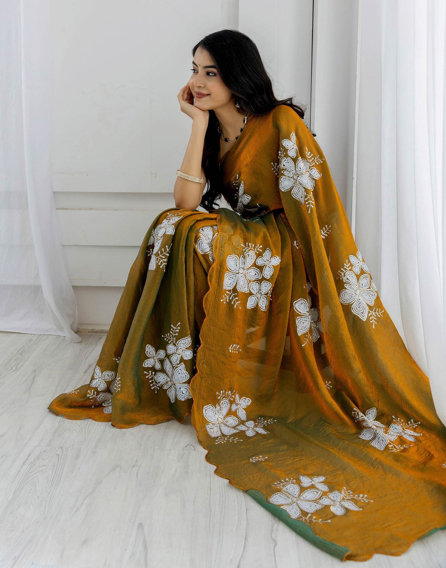 Golden Shimmer Sequence Embroidery Saree