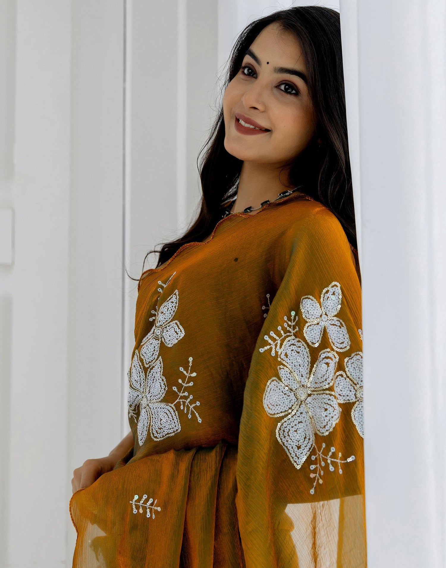 Golden Shimmer Sequence Embroidery Saree