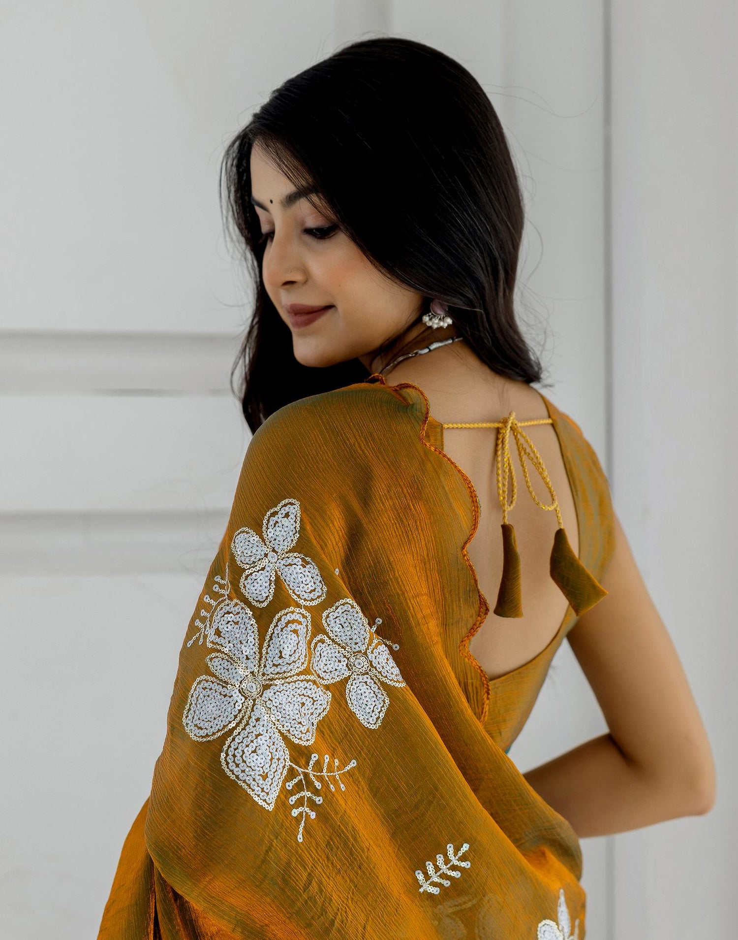Golden Shimmer Sequence Embroidery Saree