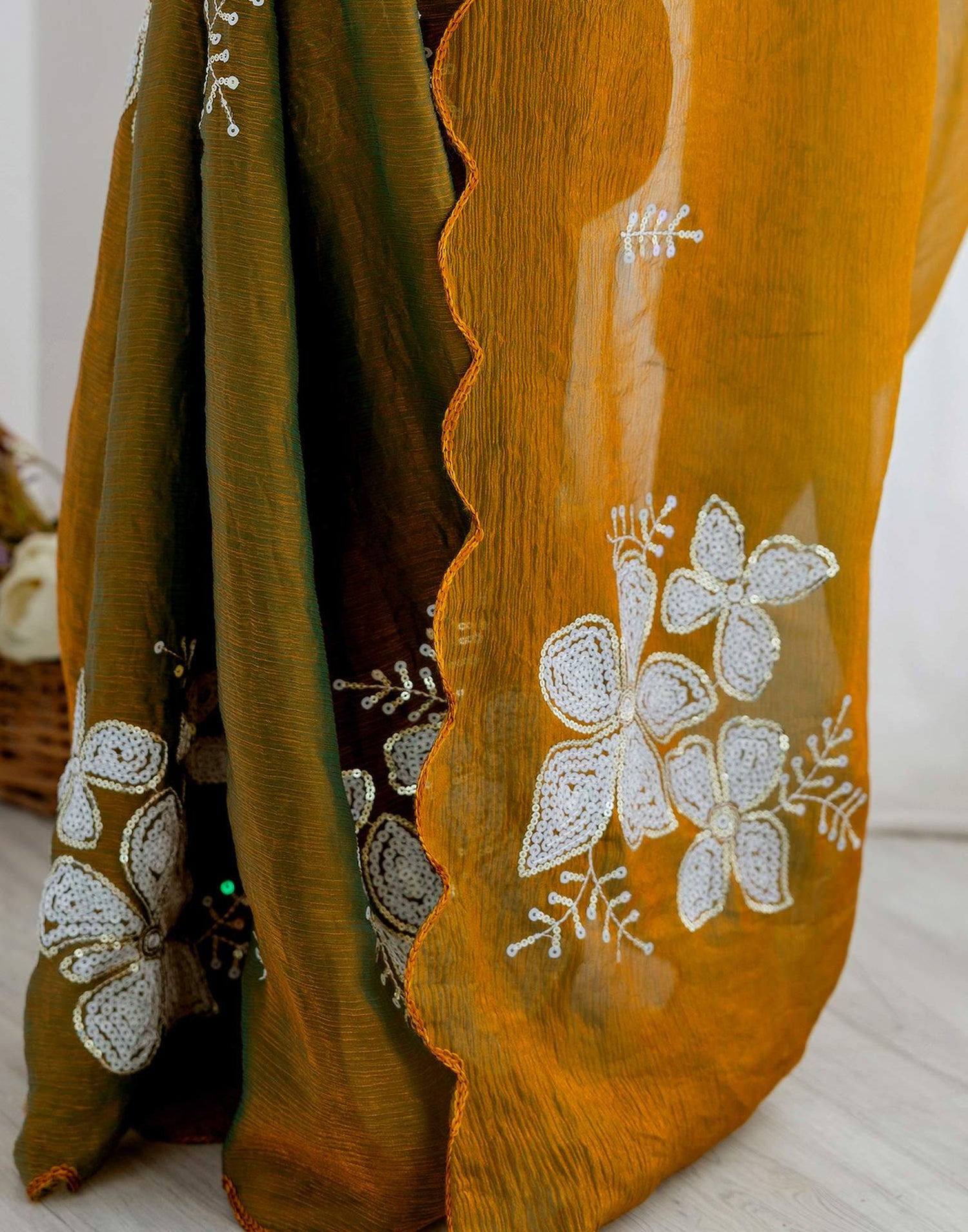 Golden Shimmer Sequence Embroidery Saree