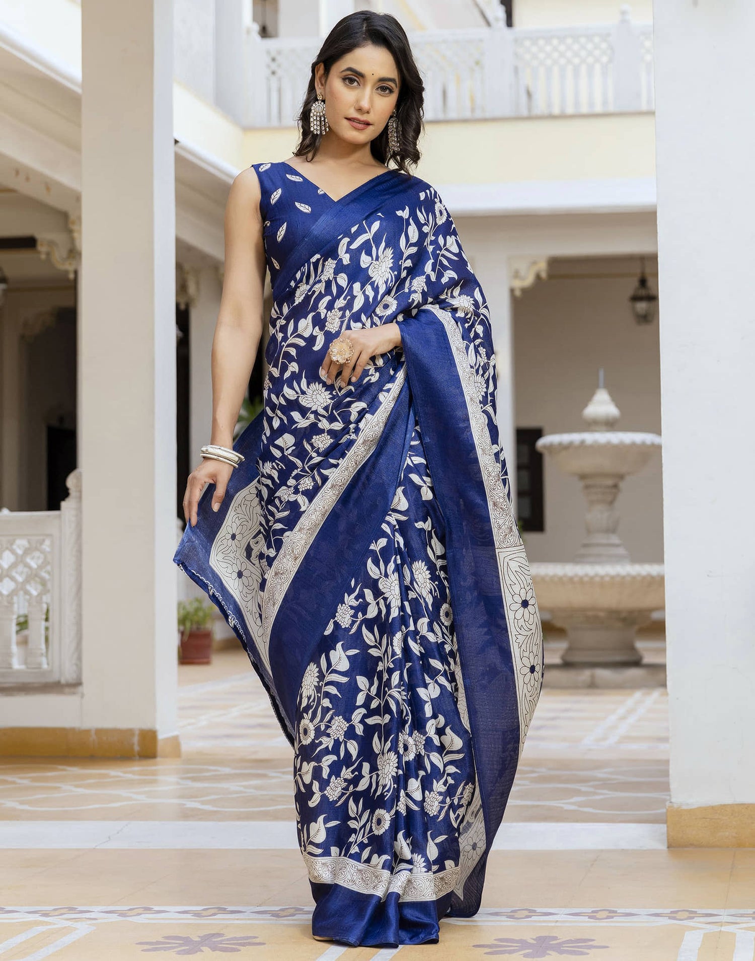 Navy Blue Cotton Blend Floral printed Saree
