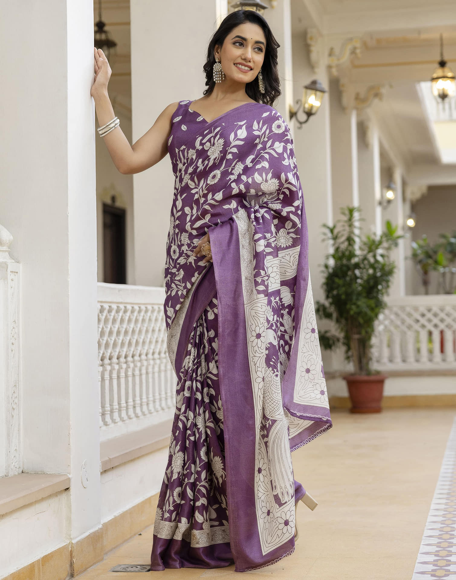 Mauve Cotton Blend Floral printed Saree
