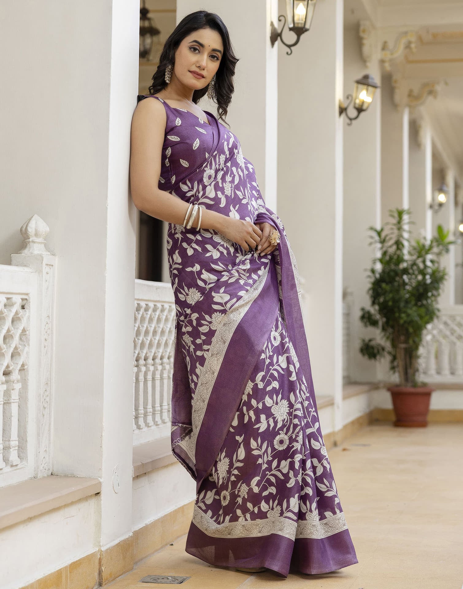 Mauve Cotton Blend Floral printed Saree
