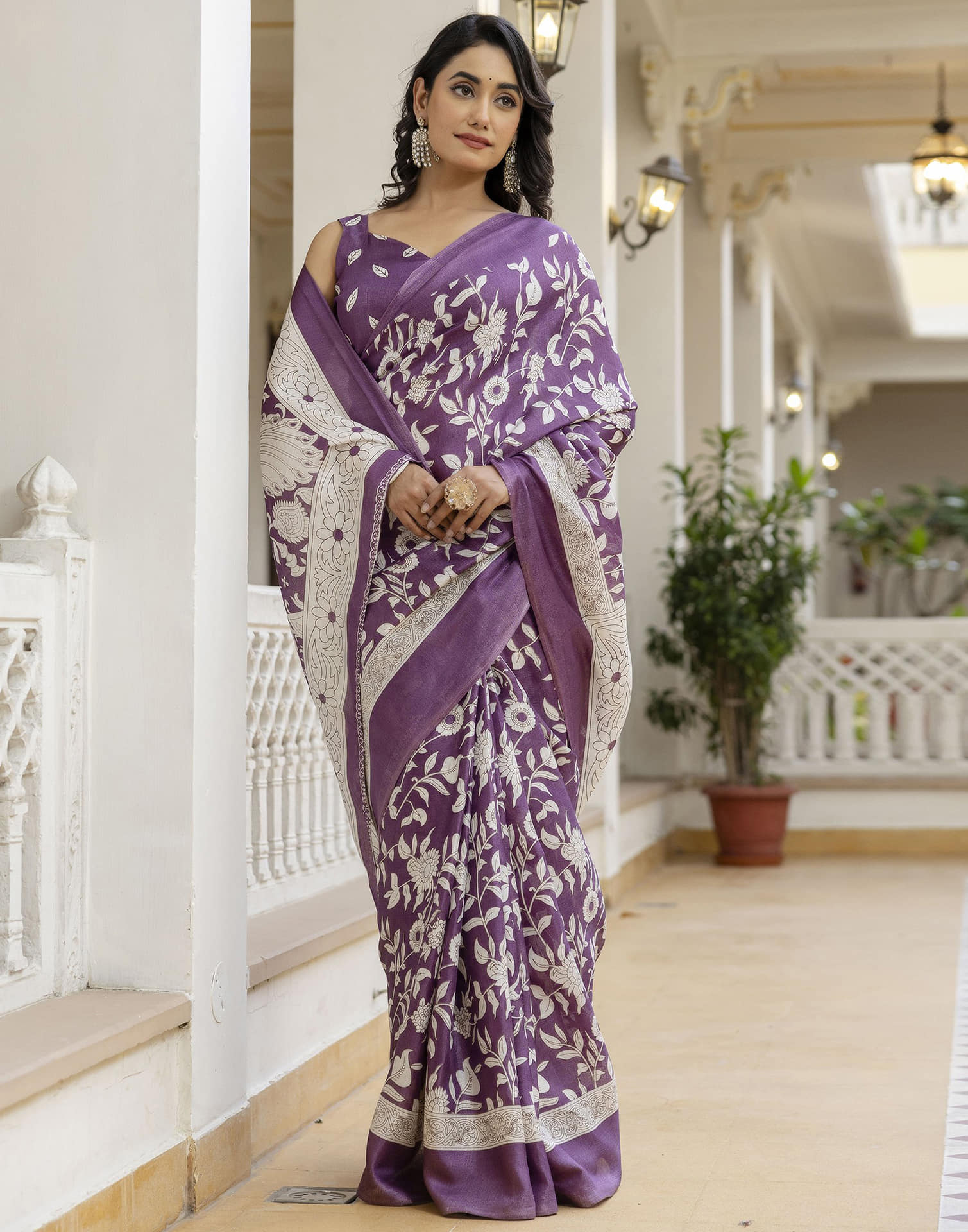 Mauve Cotton Blend Floral printed Saree