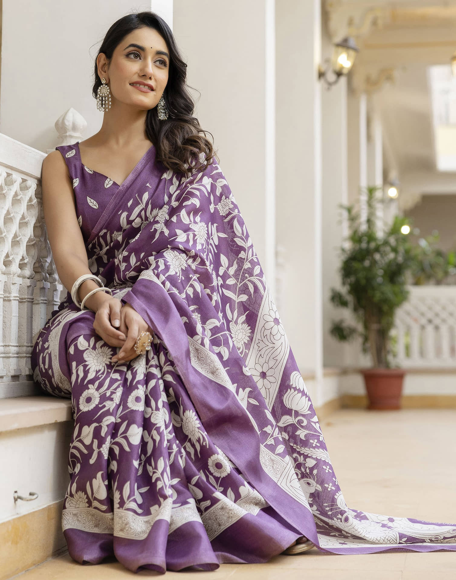 Mauve Cotton Blend Floral printed Saree