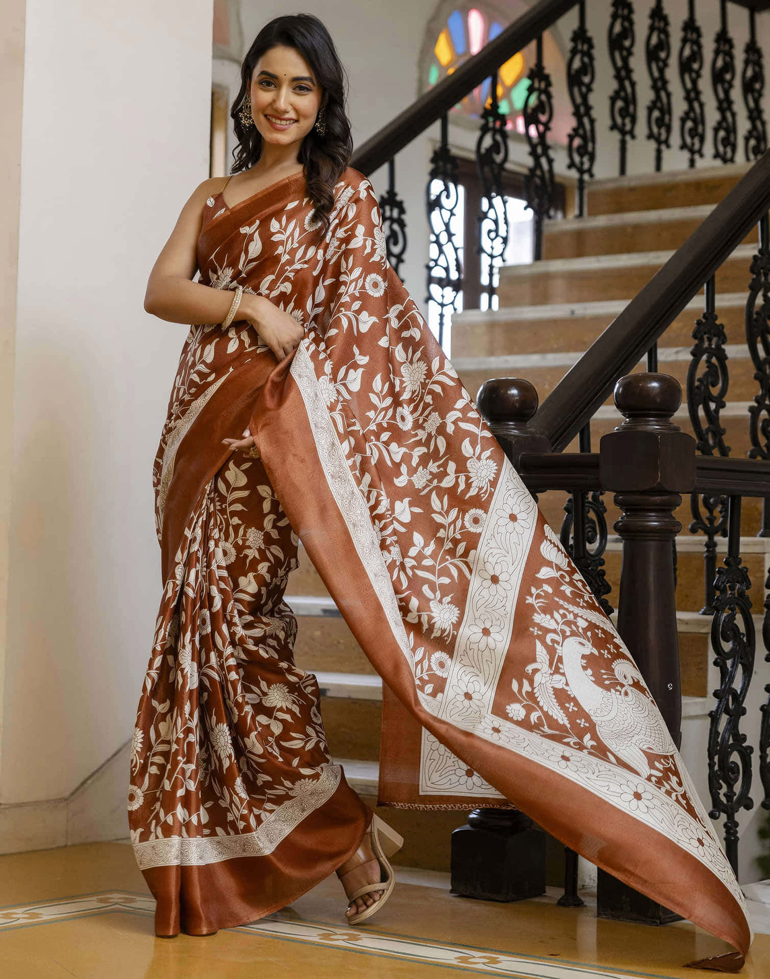Rust Brown Cotton Blend Floral printed Saree