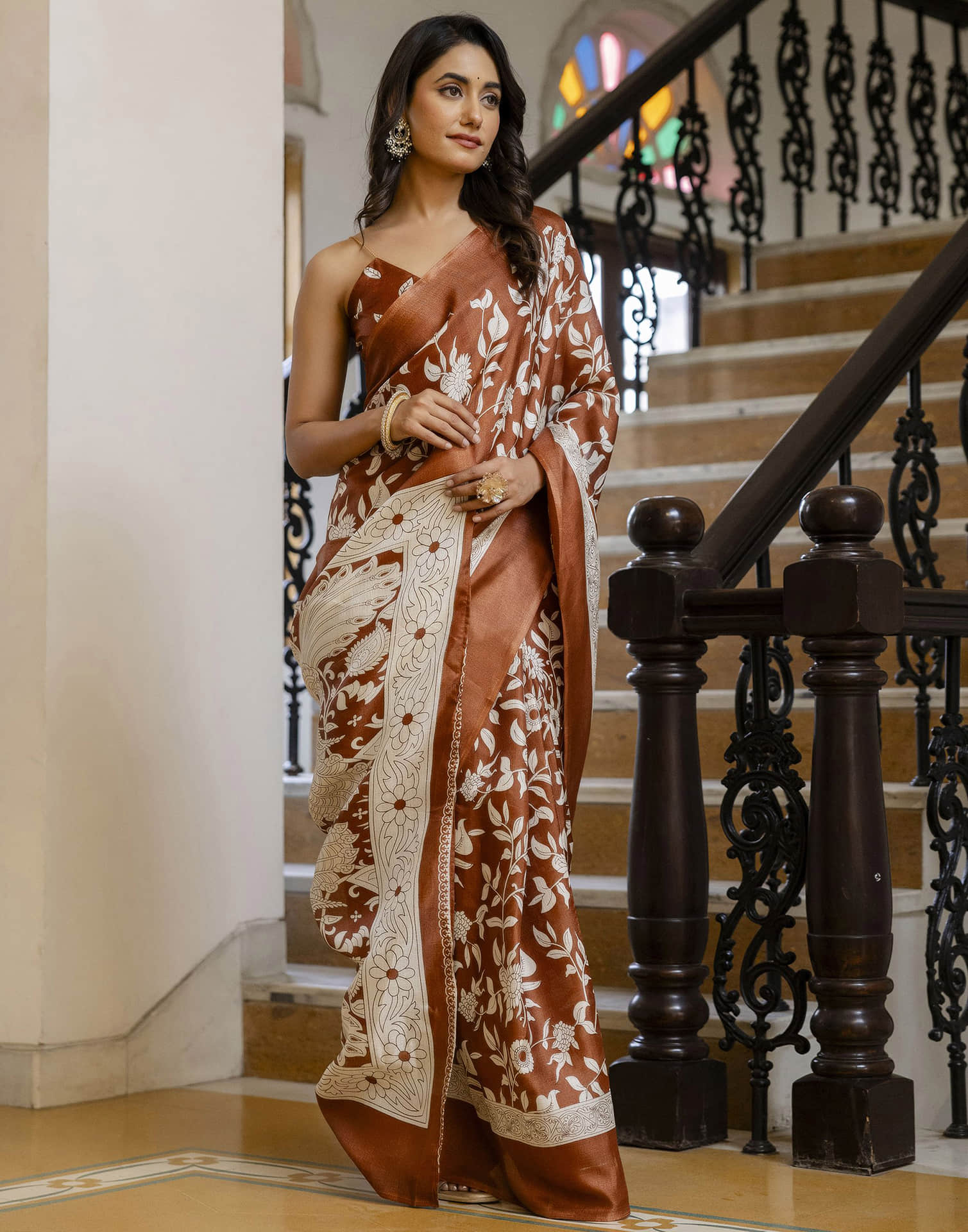 Rust Brown Cotton Blend Floral printed Saree