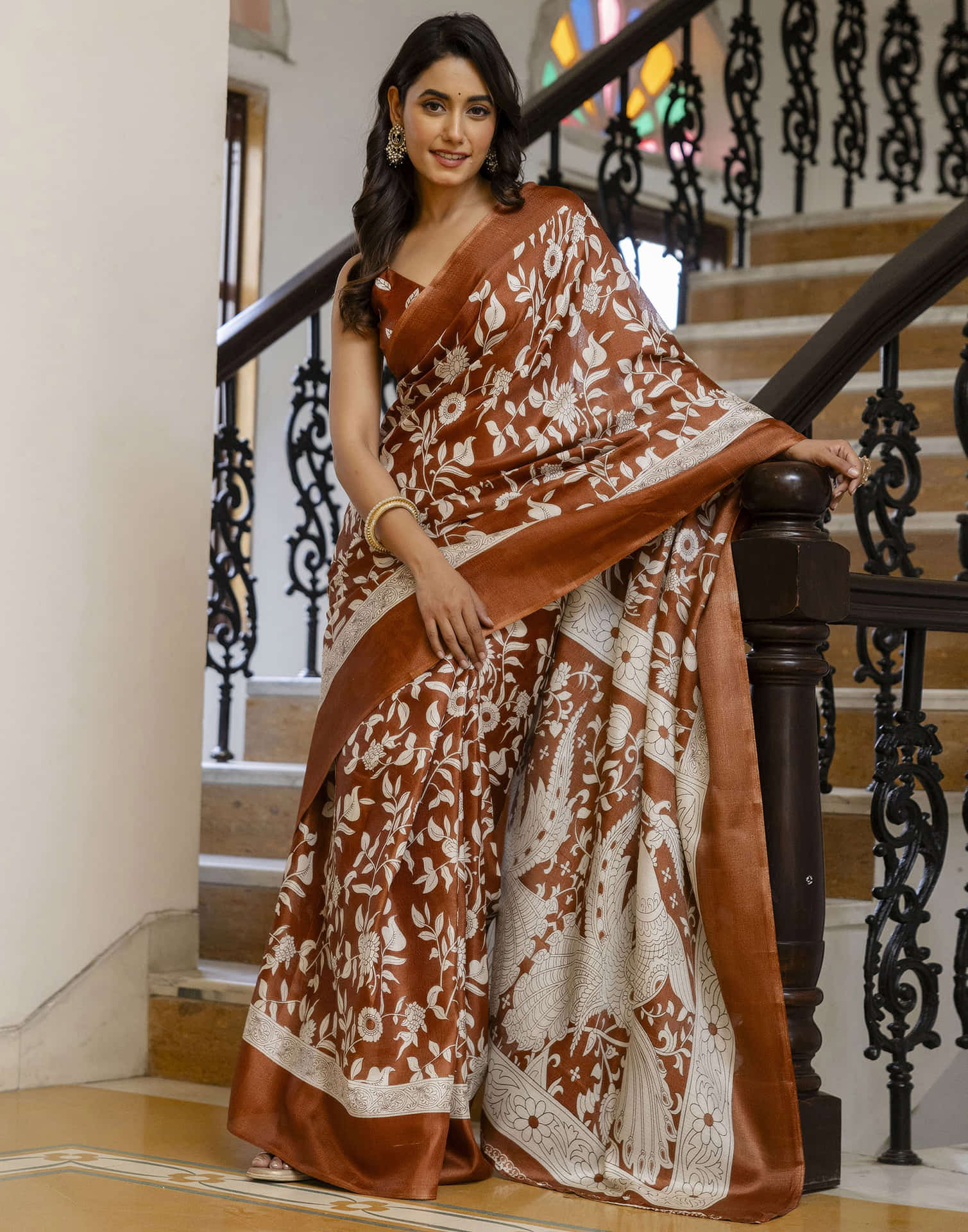 Rust Brown Cotton Blend Floral printed Saree