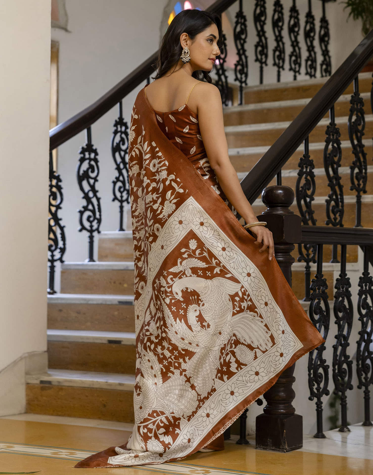 Rust Brown Cotton Blend Floral printed Saree