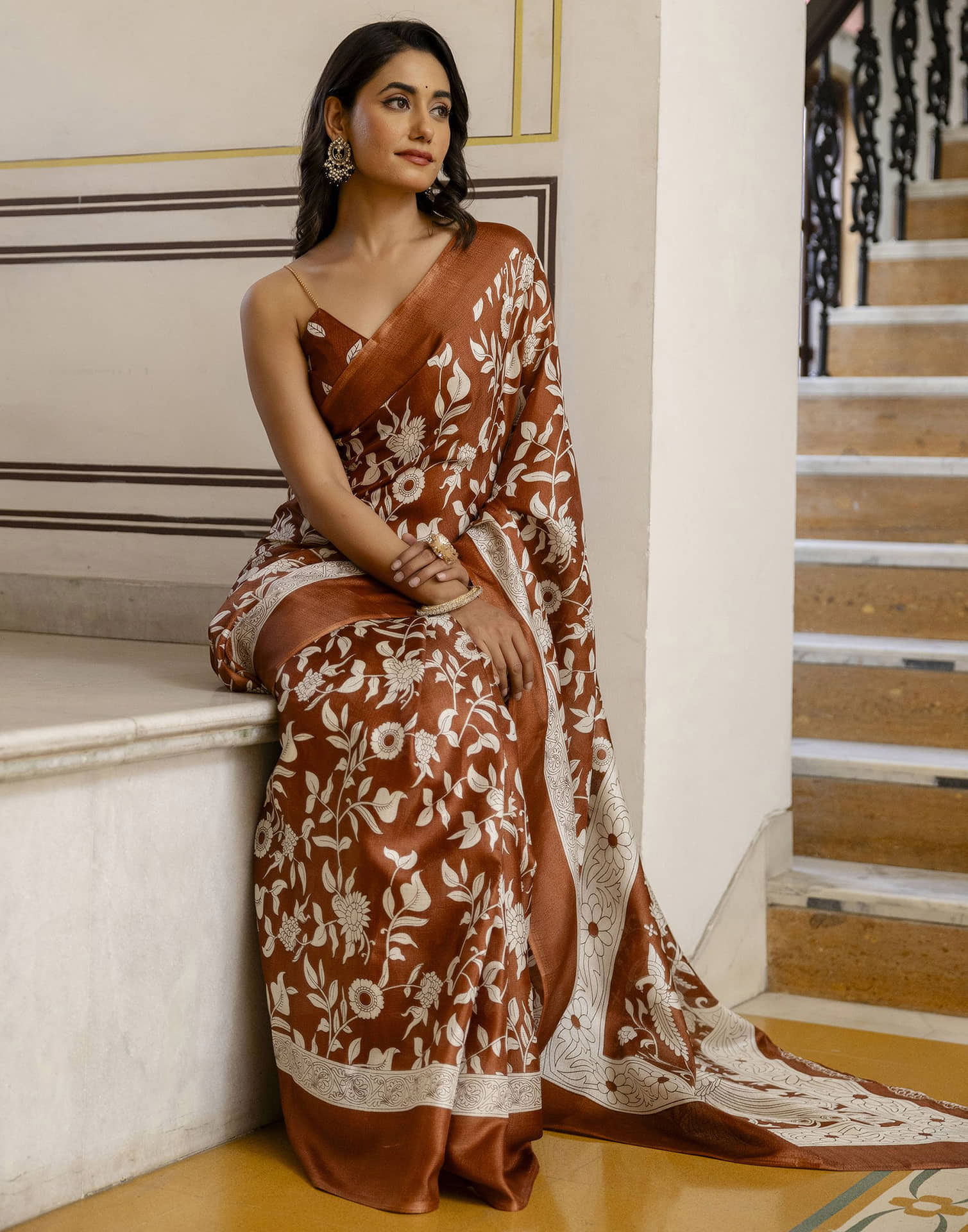 Rust Brown Cotton Blend Floral printed Saree