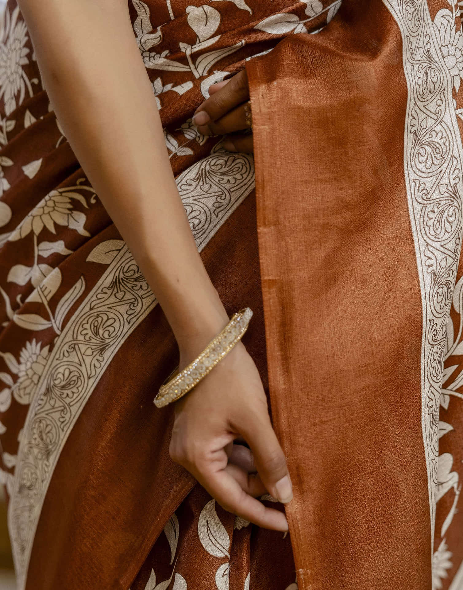 Rust Brown Cotton Blend Floral printed Saree