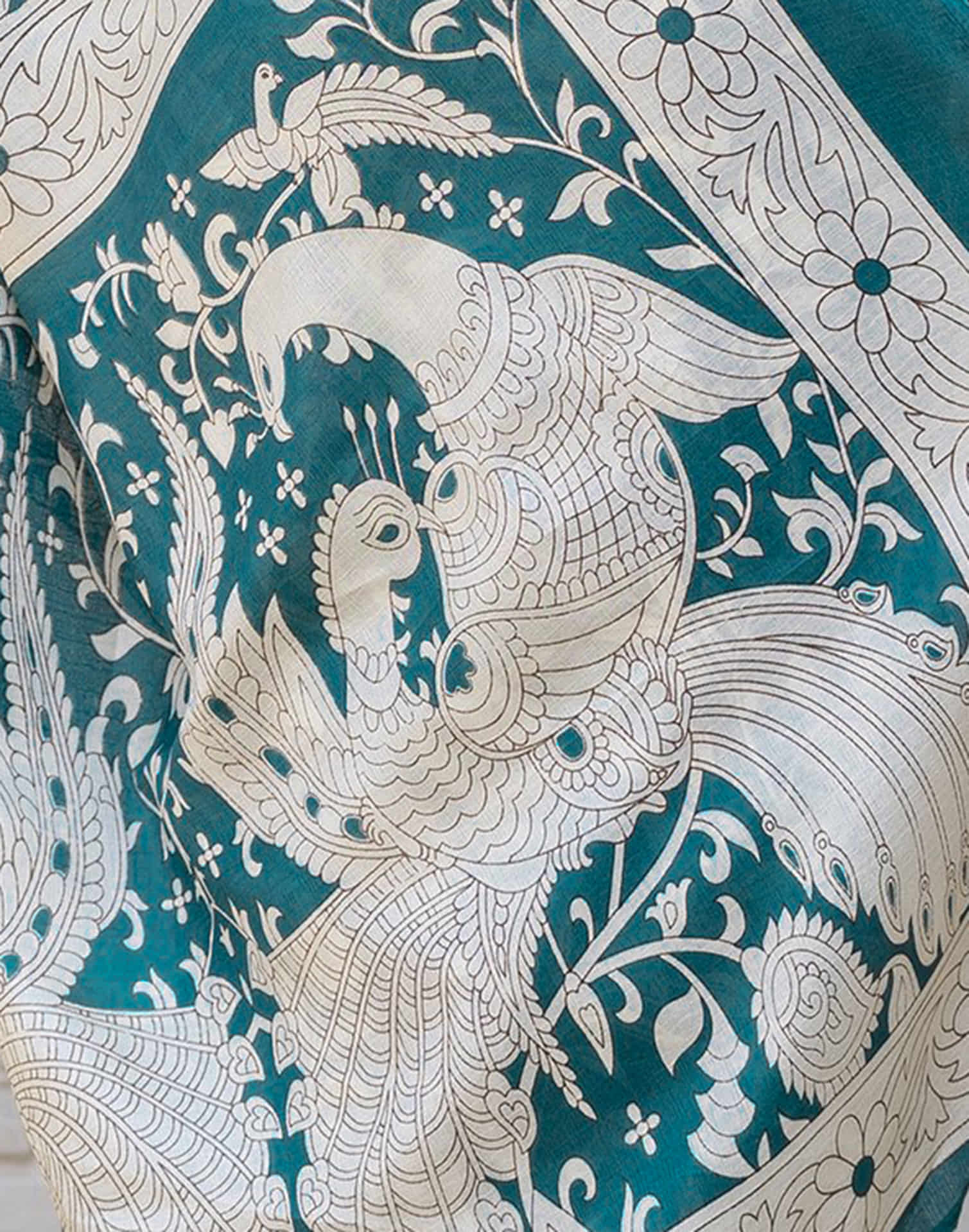 Teal Blue Cotton Blend Floral printed Saree