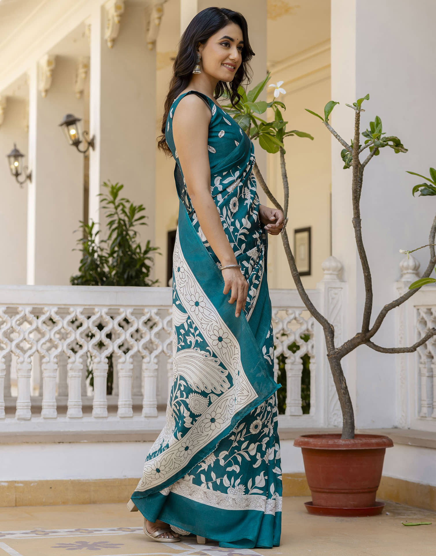 Teal Blue Cotton Blend Floral printed Saree