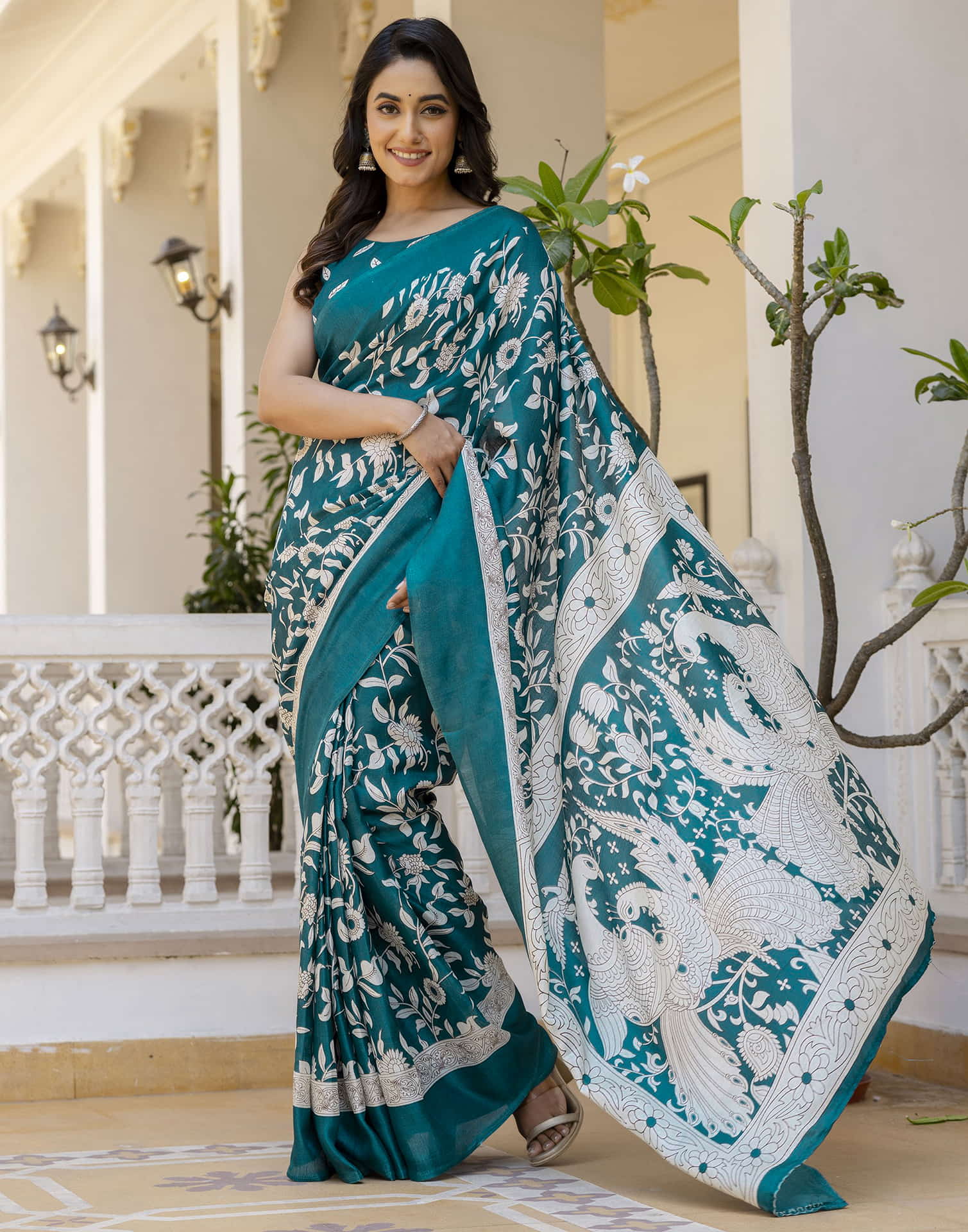 Teal Blue Cotton Blend Floral printed Saree
