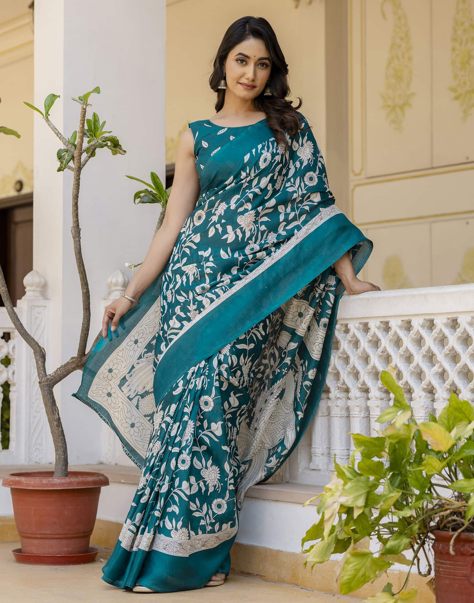 Teal Blue Cotton Blend Floral printed Saree