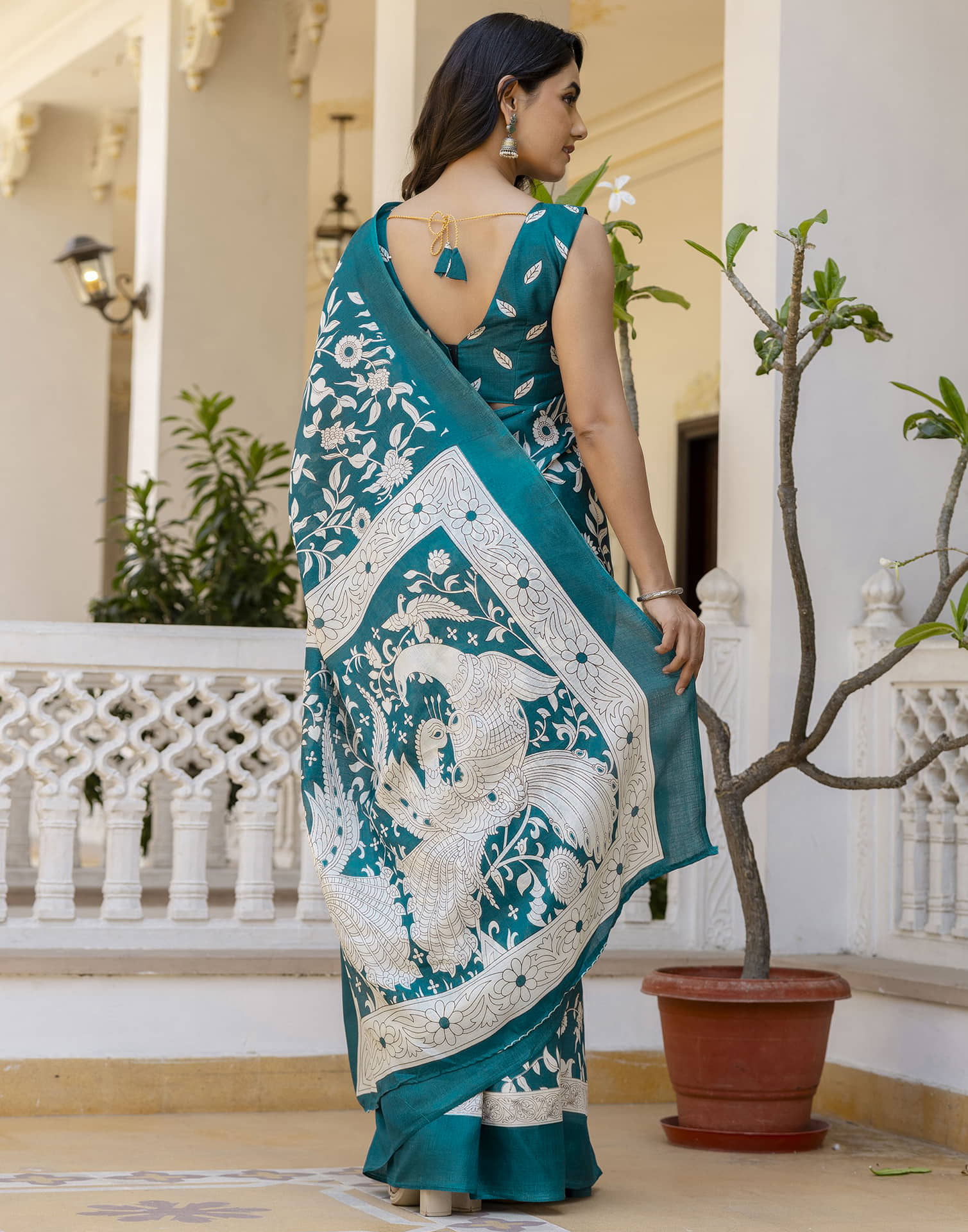 Teal Blue Cotton Blend Floral printed Saree