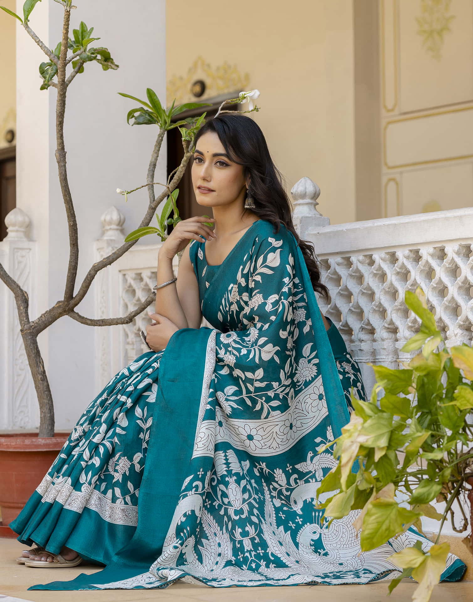 Teal Blue Cotton Blend Floral printed Saree