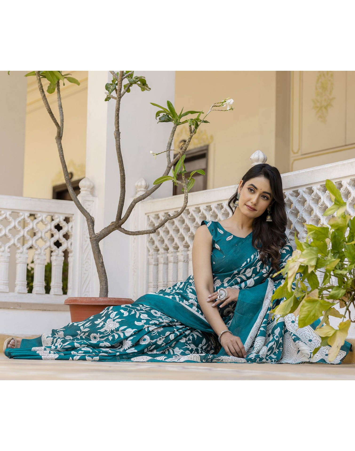 Teal Blue Cotton Blend Floral printed Saree